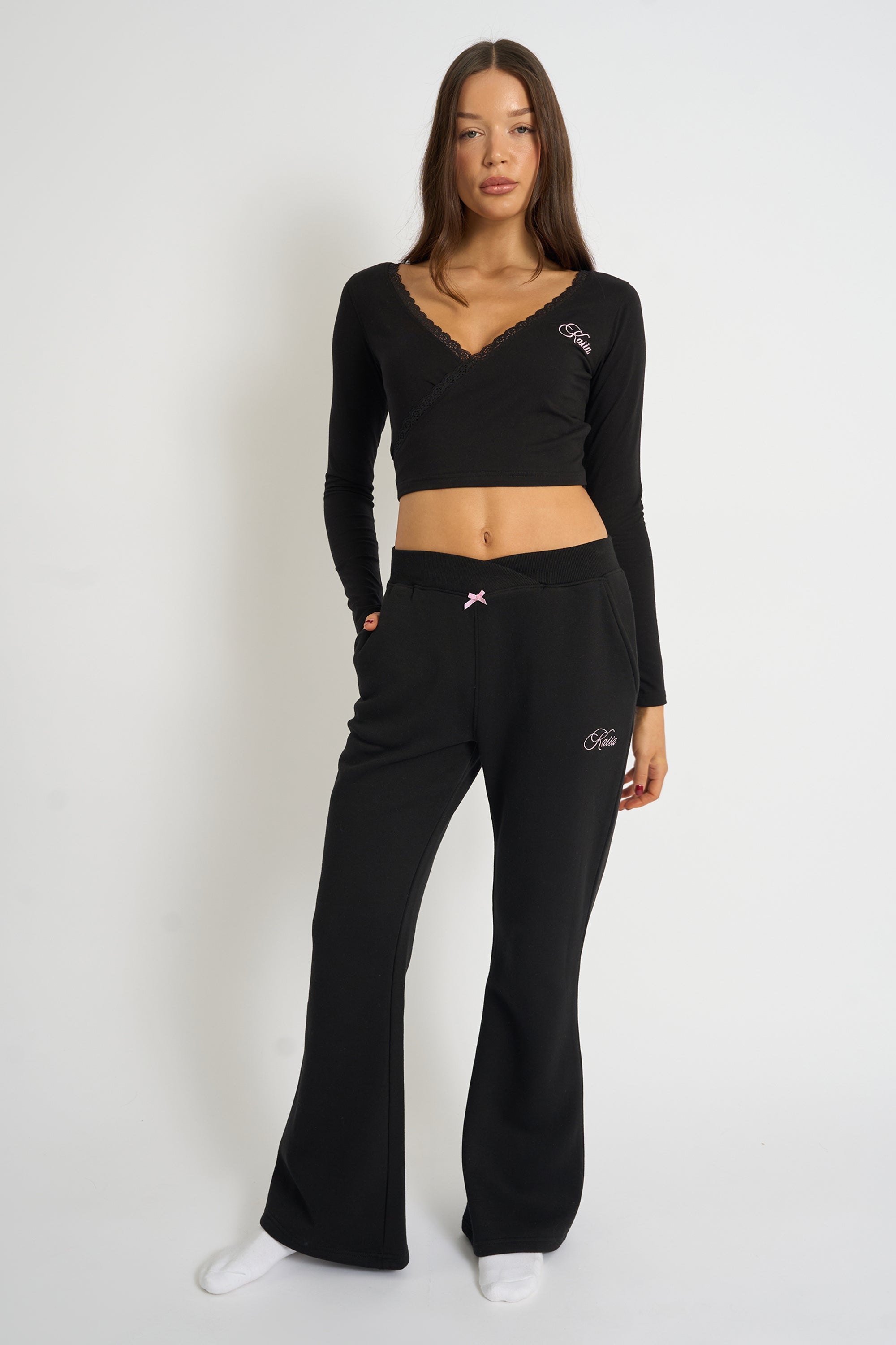 Kaiia Bow Detail Wide Leg Joggers Black & Pink