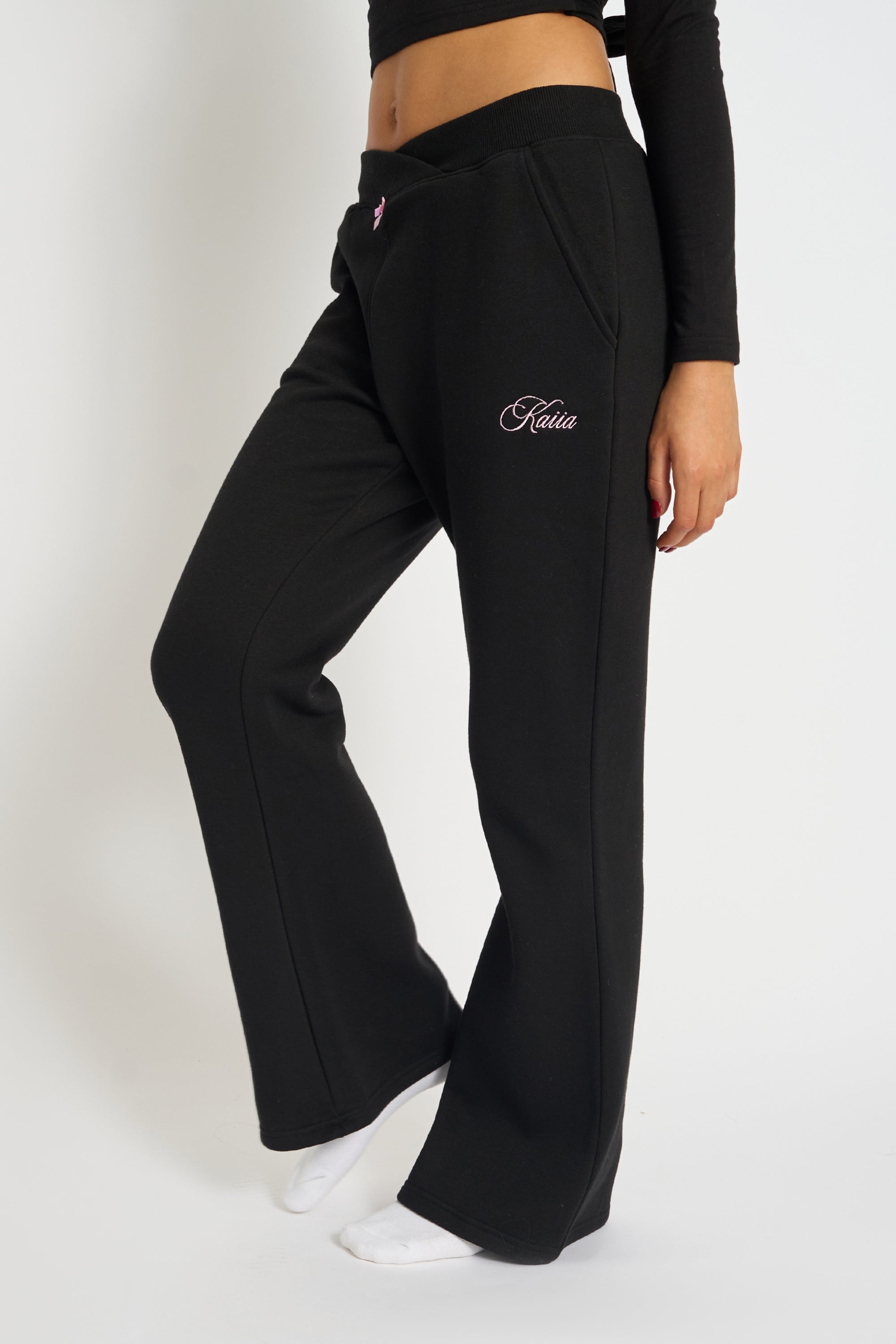 Kaiia Bow Detail Wide Leg Joggers Black & Pink