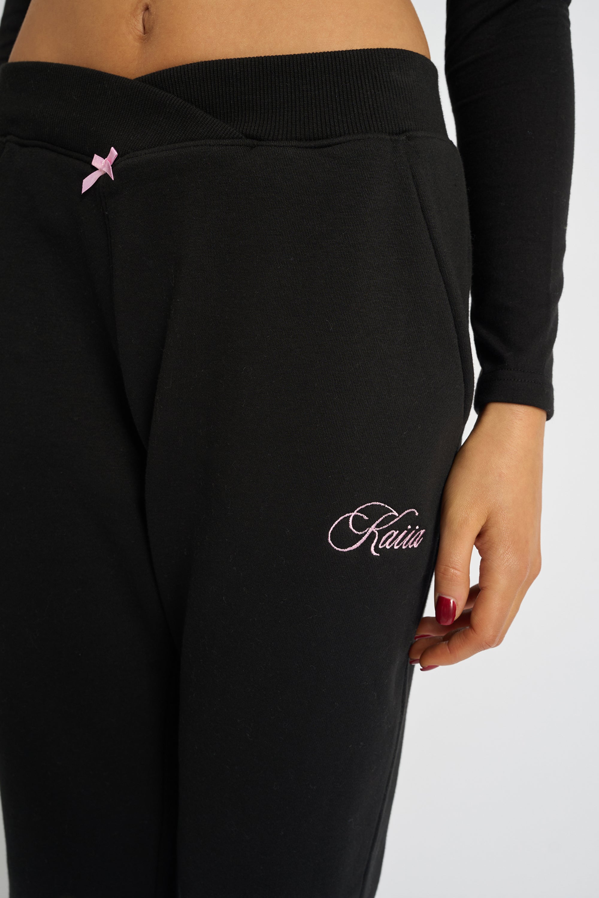 Kaiia Bow Detail Wide Leg Joggers Black & Pink