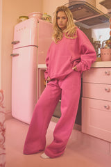 Kaiia Bow Ribbed Waistband Wide Leg Joggers Bubblegum