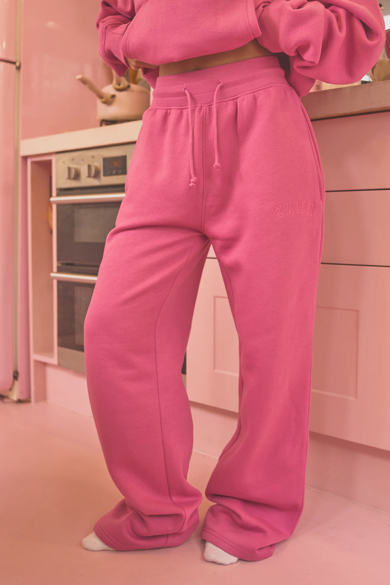 Kaiia Bow Ribbed Waistband Wide Leg Joggers Bubblegum