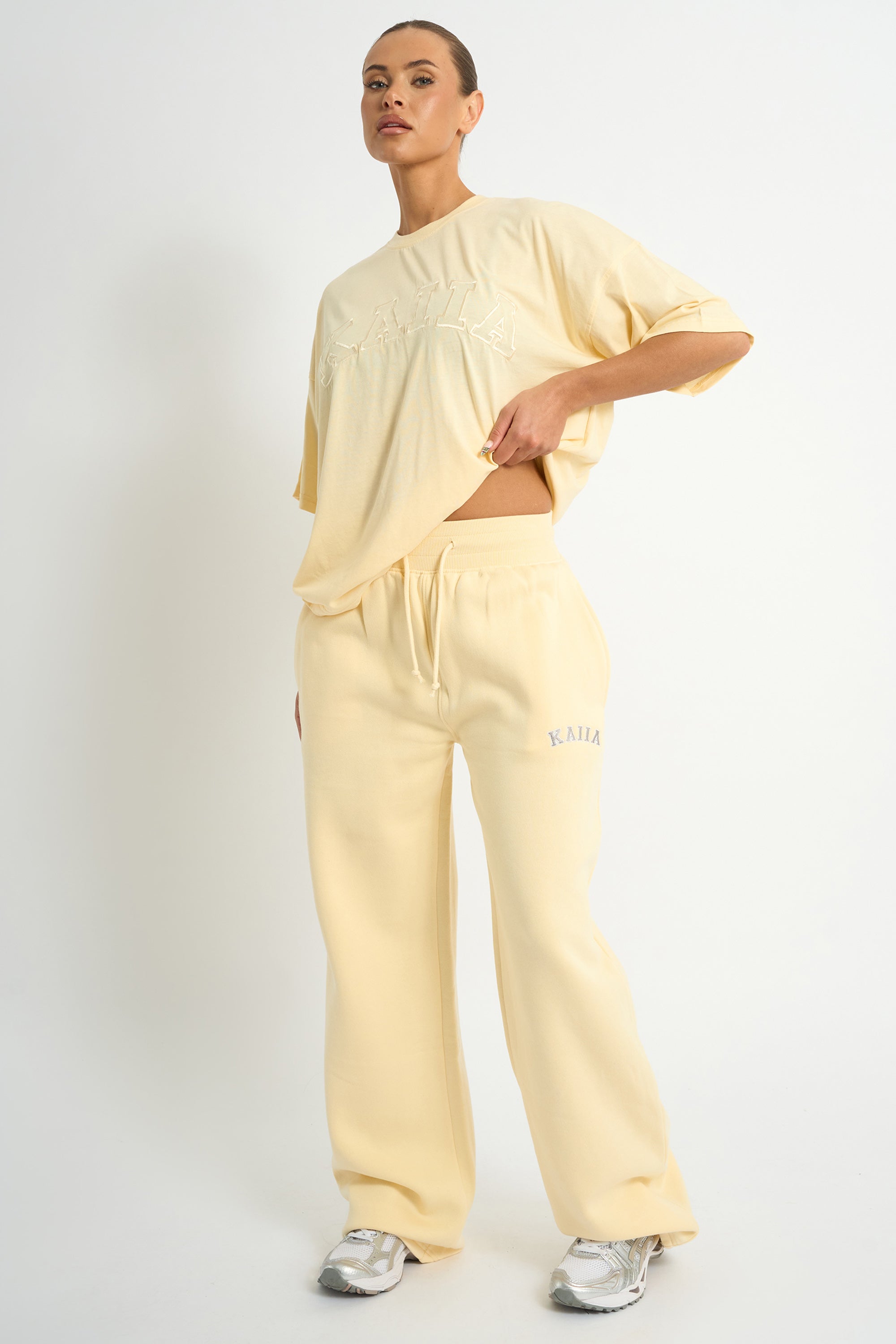 Kaiia Ribbed Waistband Wide Leg Joggers Soft Yellow