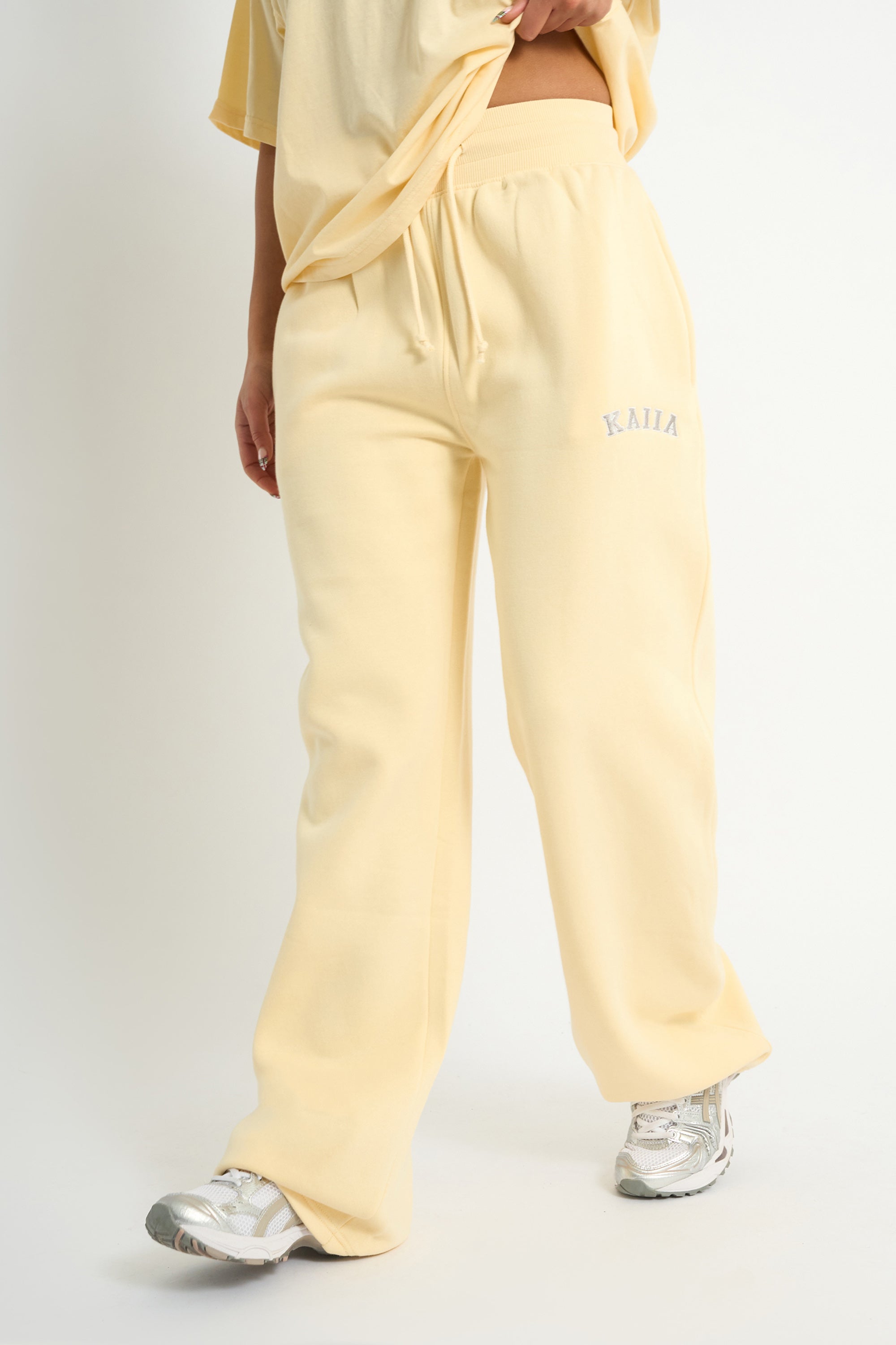 Kaiia Ribbed Waistband Wide Leg Joggers Soft Yellow