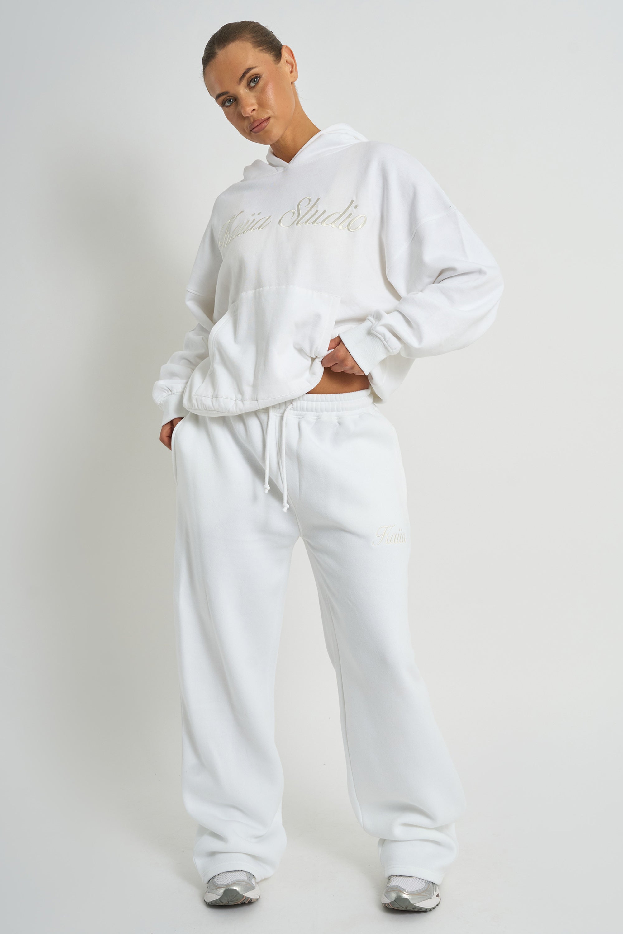 Kaiia Script Logo Wide Leg Joggers White