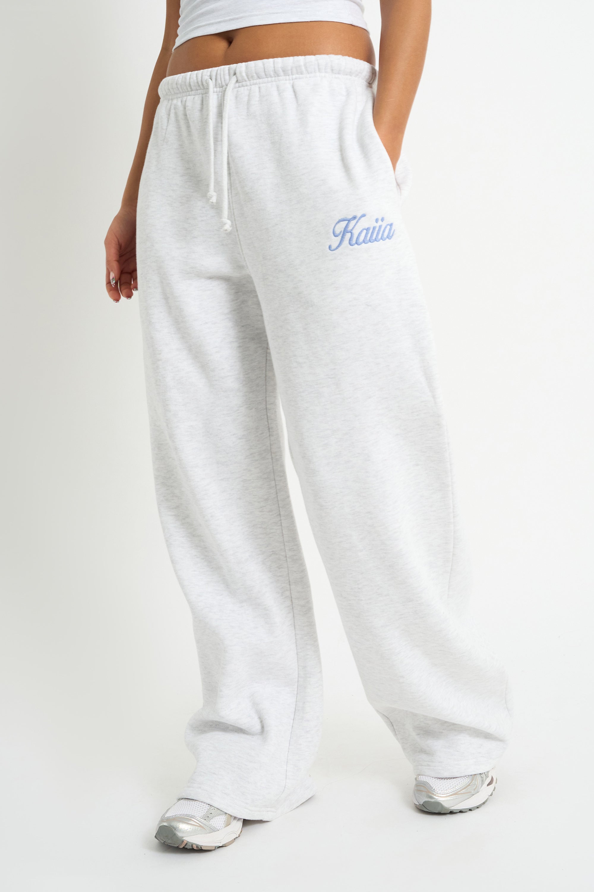 Kaiia Script Logo Wide Leg Joggers Light Grey Marl & Vintage Blue