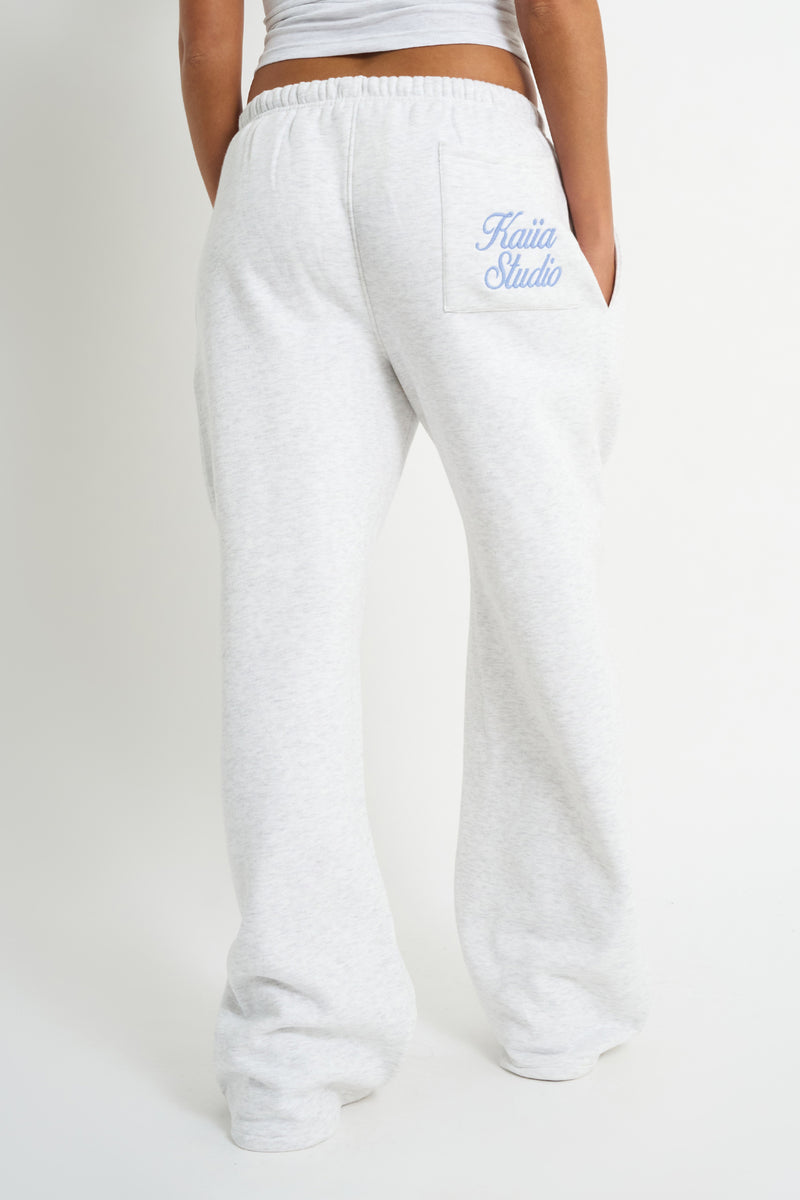 Kaiia Script Logo Wide Leg Joggers Light Grey Marl & Vintage Blue