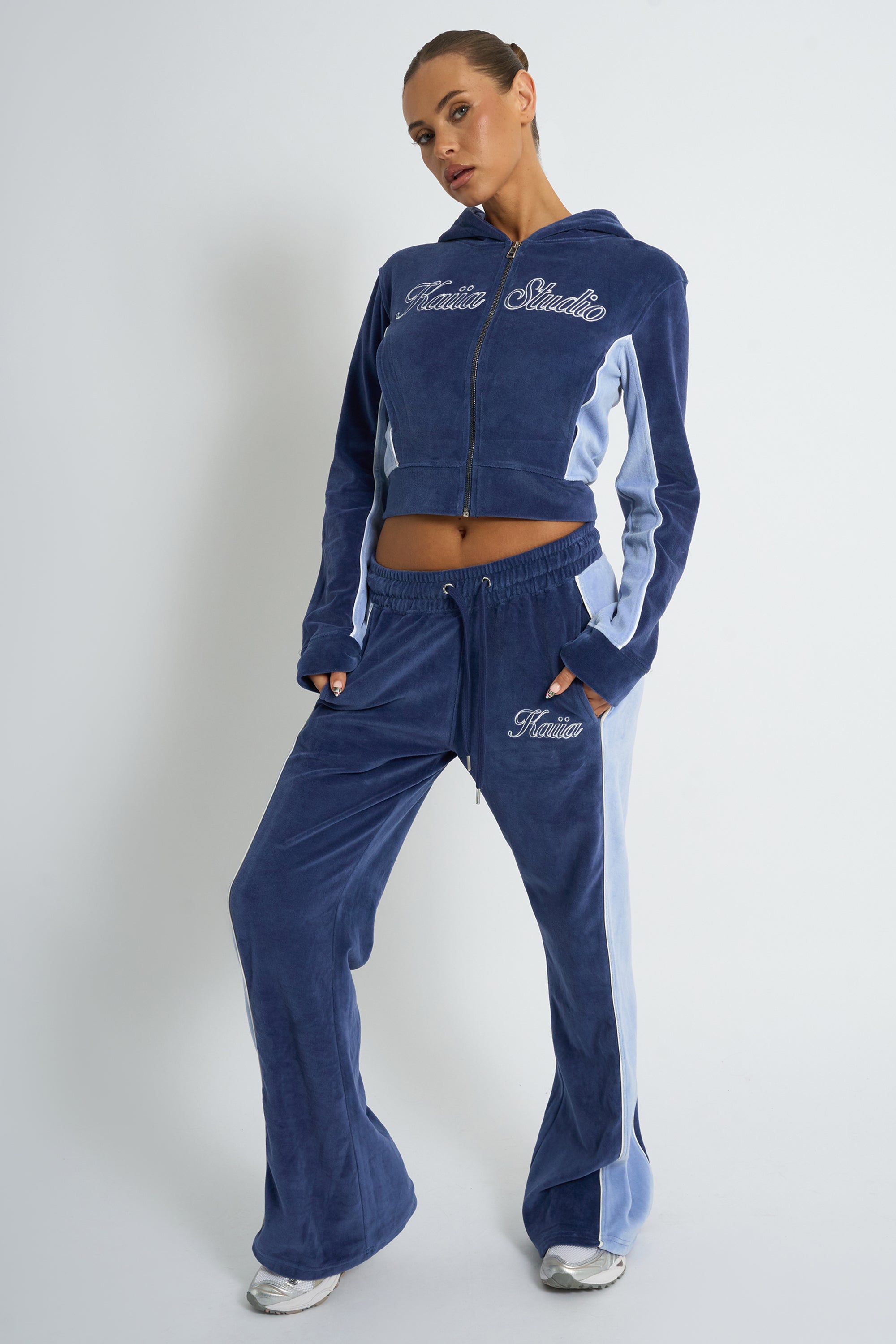 Kaiia Script Logo Panelled Velour Wide Leg Joggers Navy