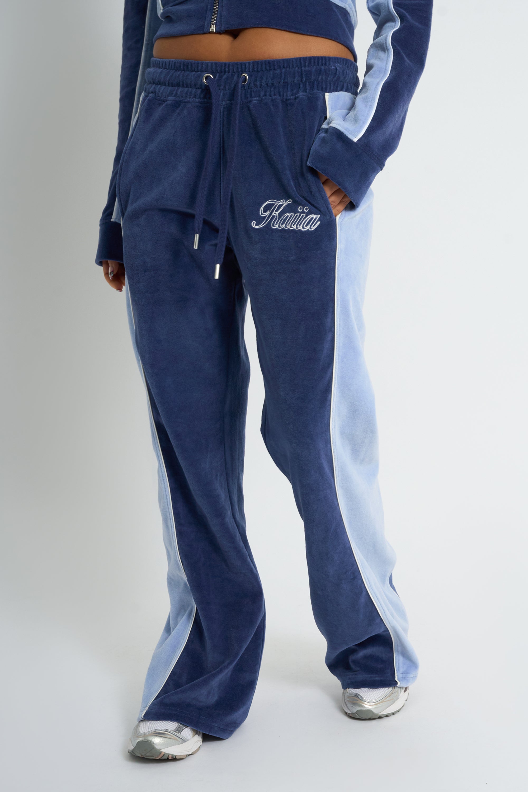 Kaiia Script Logo Panelled Velour Wide Leg Joggers Navy