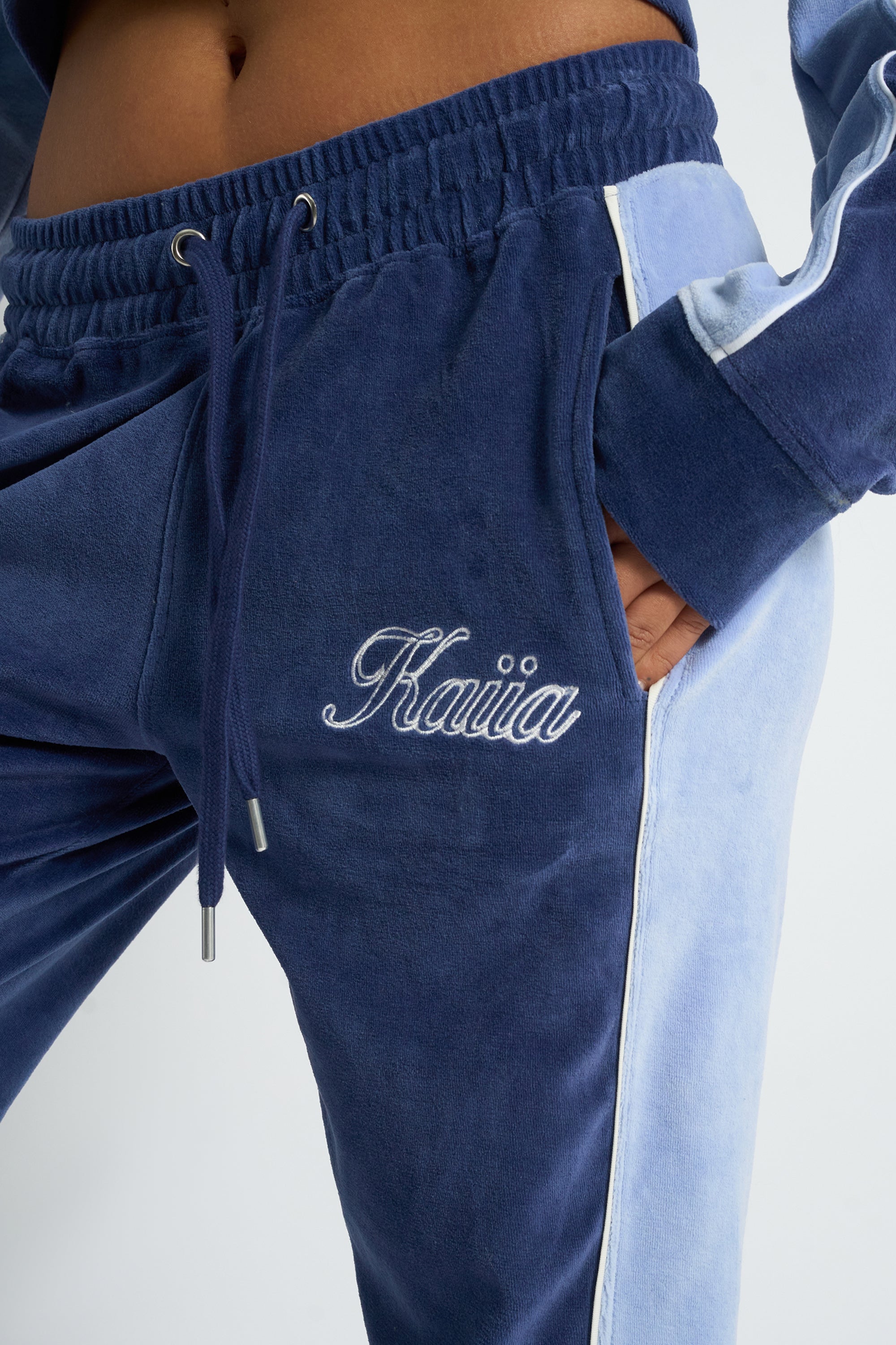 Kaiia Script Logo Panelled Velour Wide Leg Joggers Navy