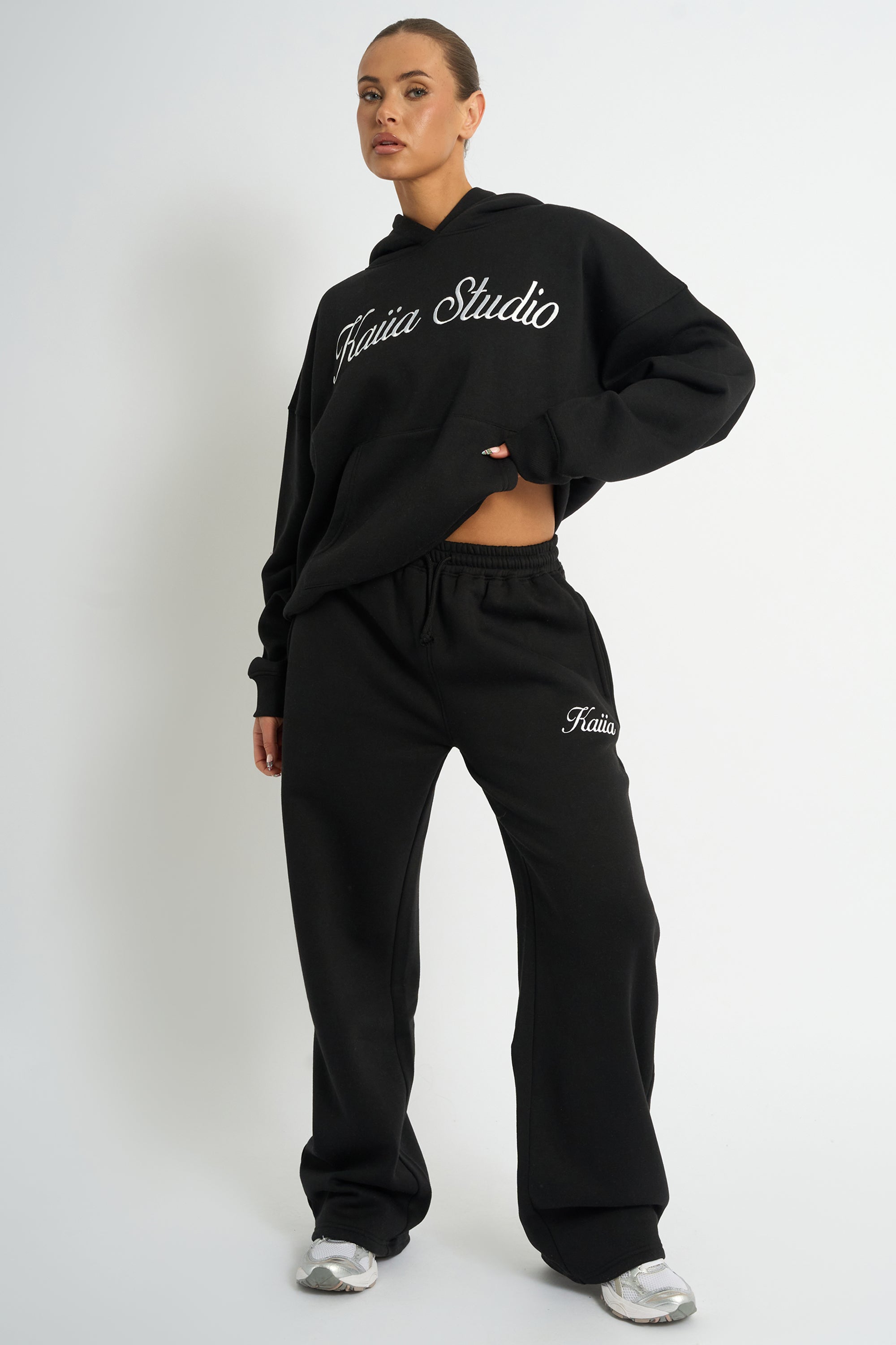 Kaiia Script Logo Wide Leg Joggers Black