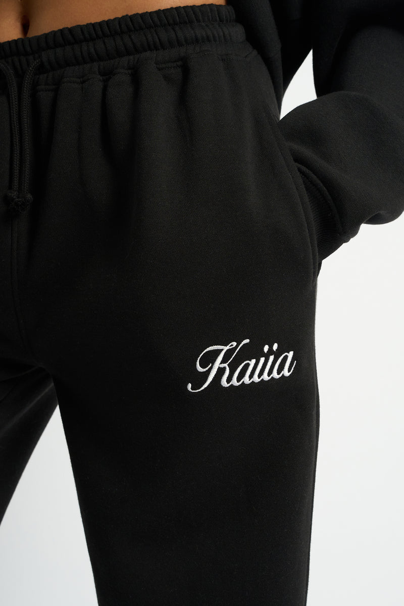 Kaiia Script Logo Wide Leg Joggers Black