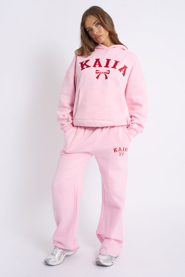 Kaiia Bow Embroidered Wide Leg Joggers Baby Pink & Red