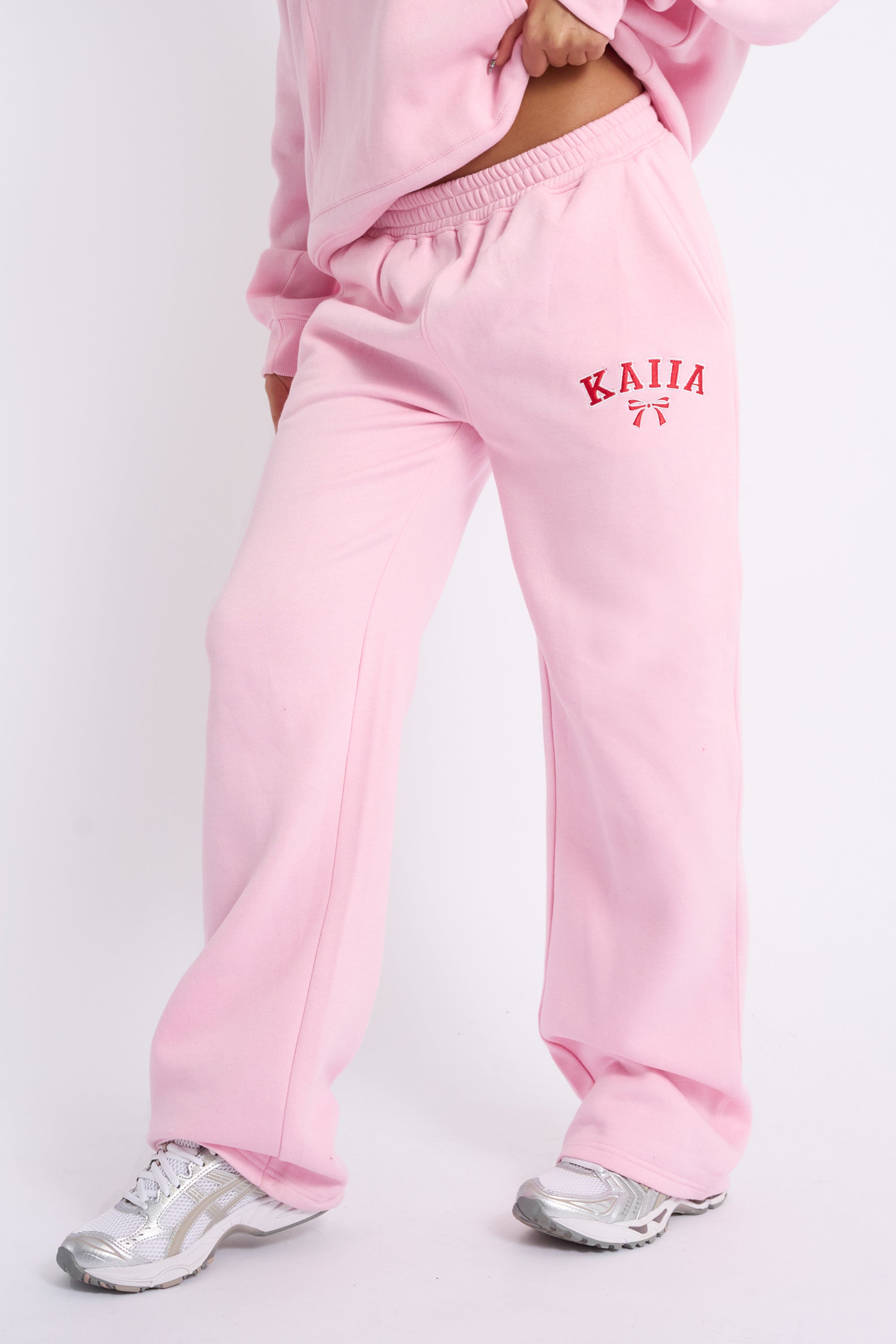 Kaiia Bow Embroidered Wide Leg Joggers Baby Pink & Red