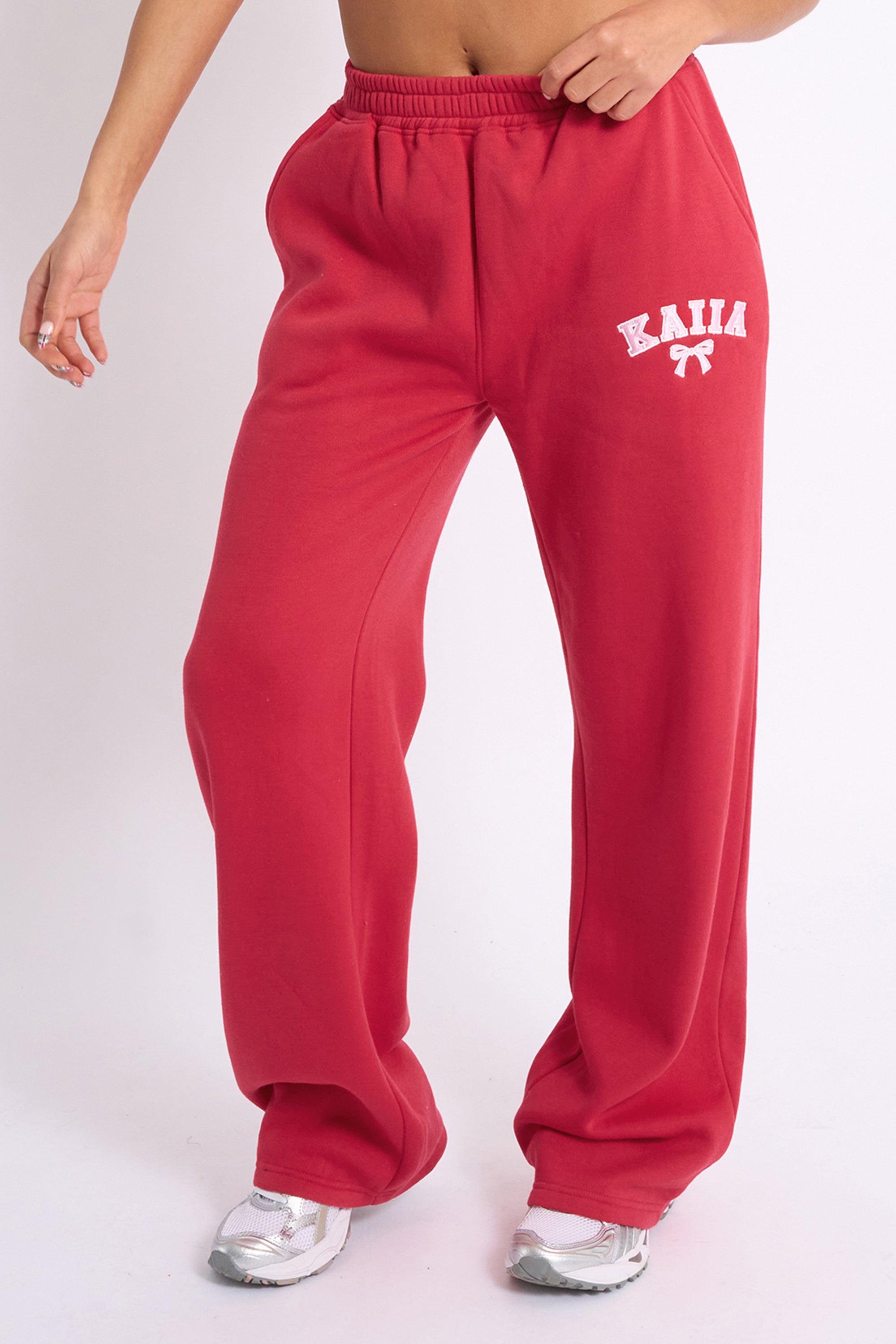 Kaiia Bow Embroidered Wide Leg Joggers Red & Baby Pink