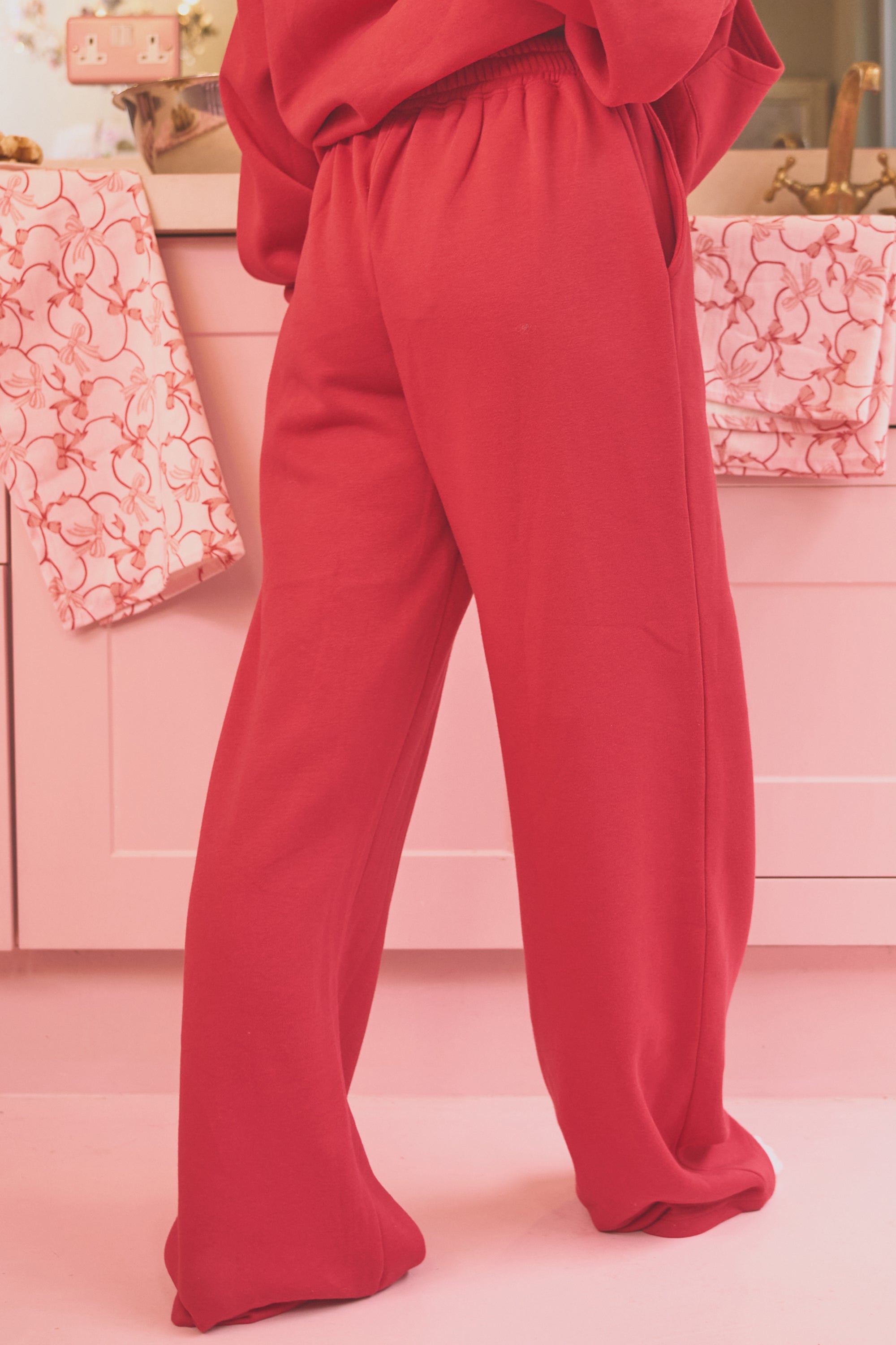 Kaiia Bow Embroidered Wide Leg Joggers Red & Baby Pink