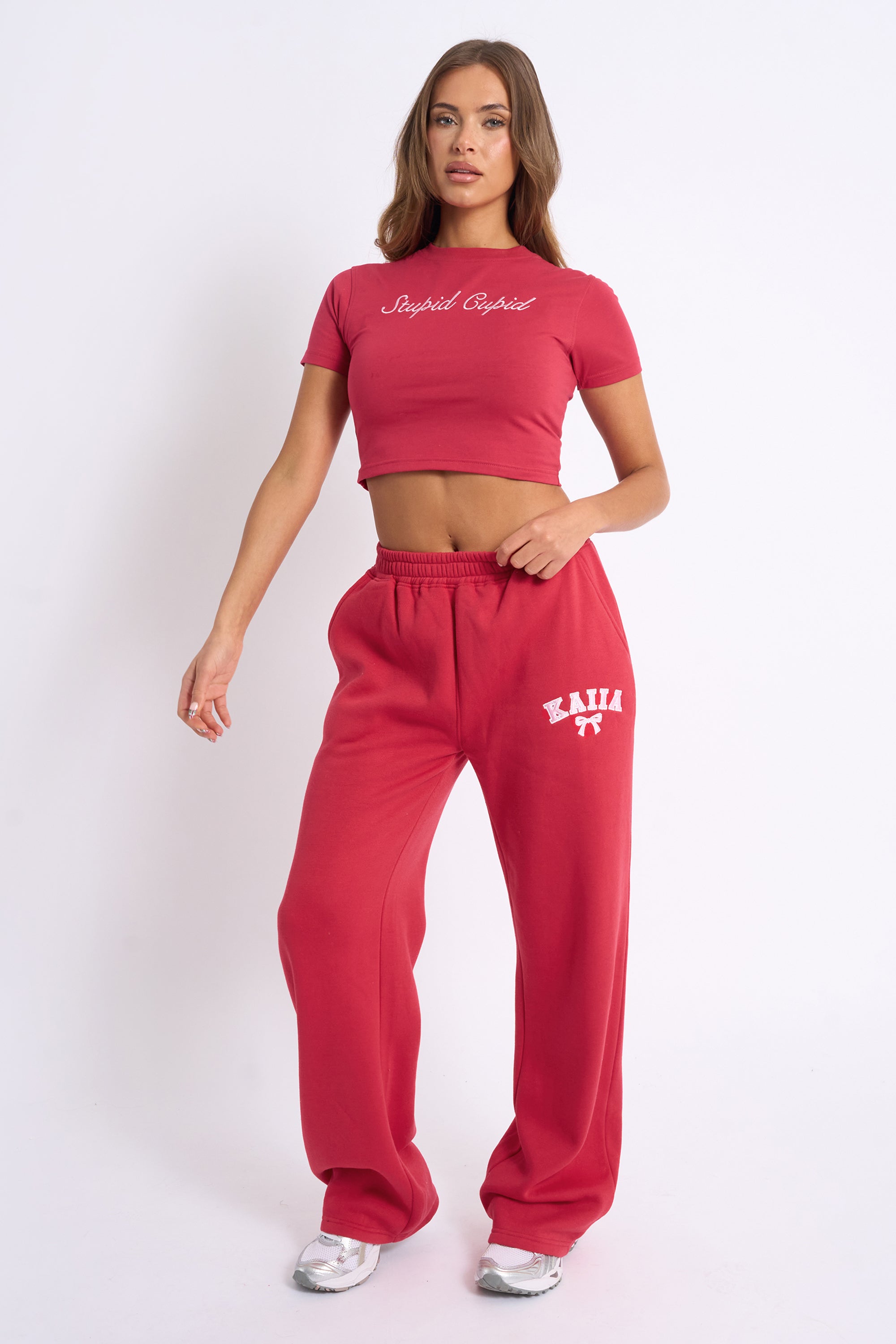 Kaiia Bow Embroidered Wide Leg Joggers Red & Baby Pink