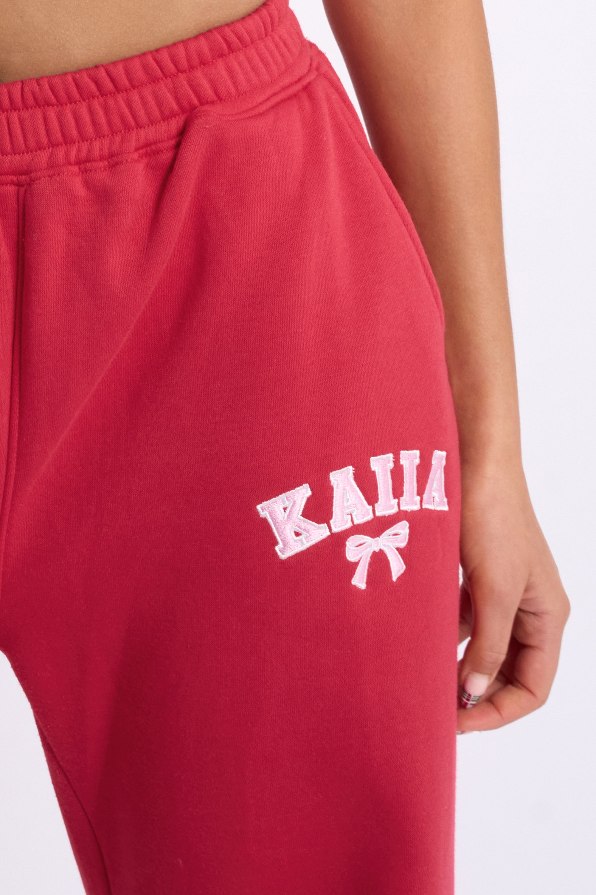 Kaiia Bow Embroidered Wide Leg Joggers Red & Baby Pink