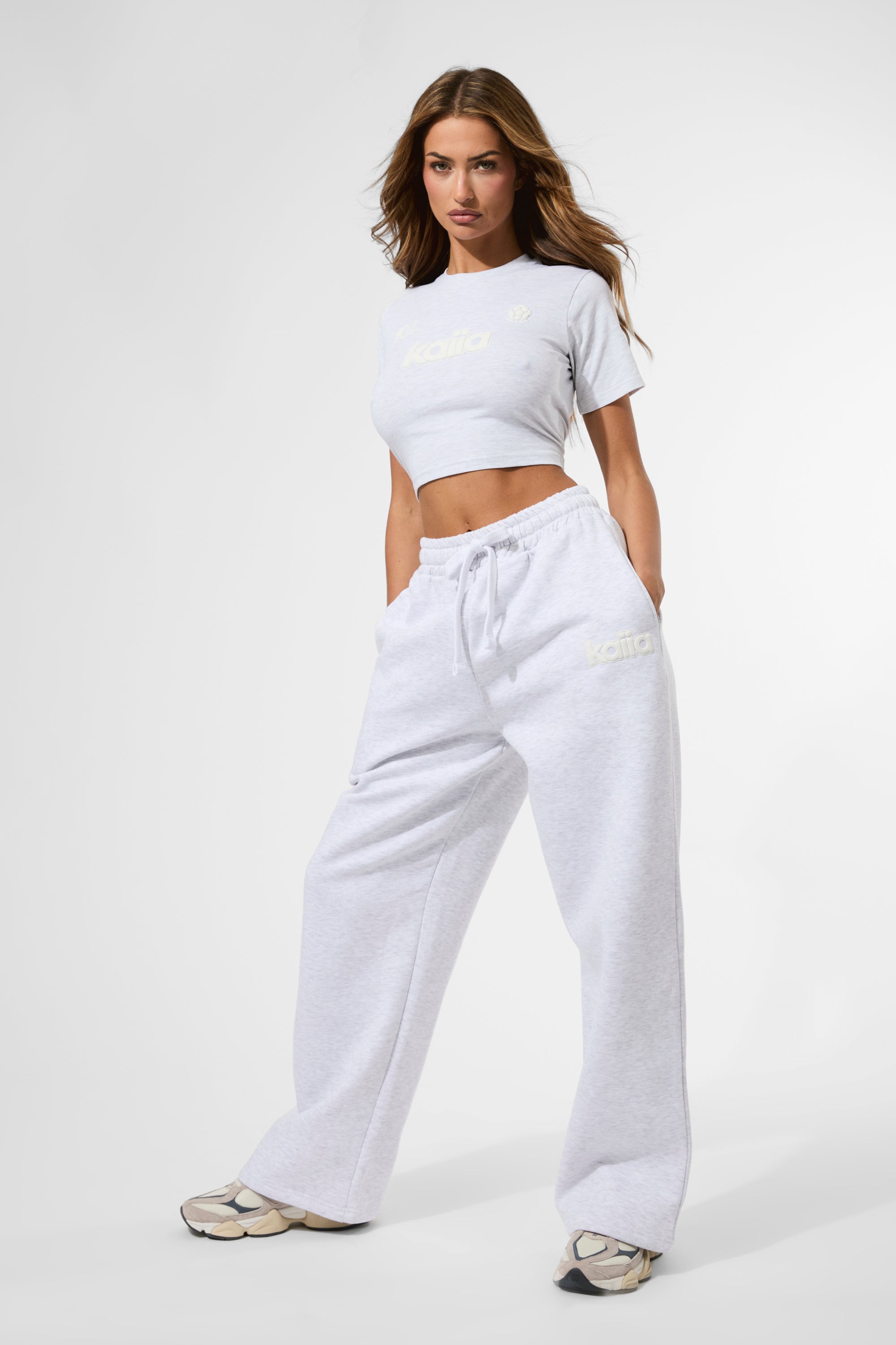 Kaiia Puff Print Wide Leg Joggers Ash Grey Marl