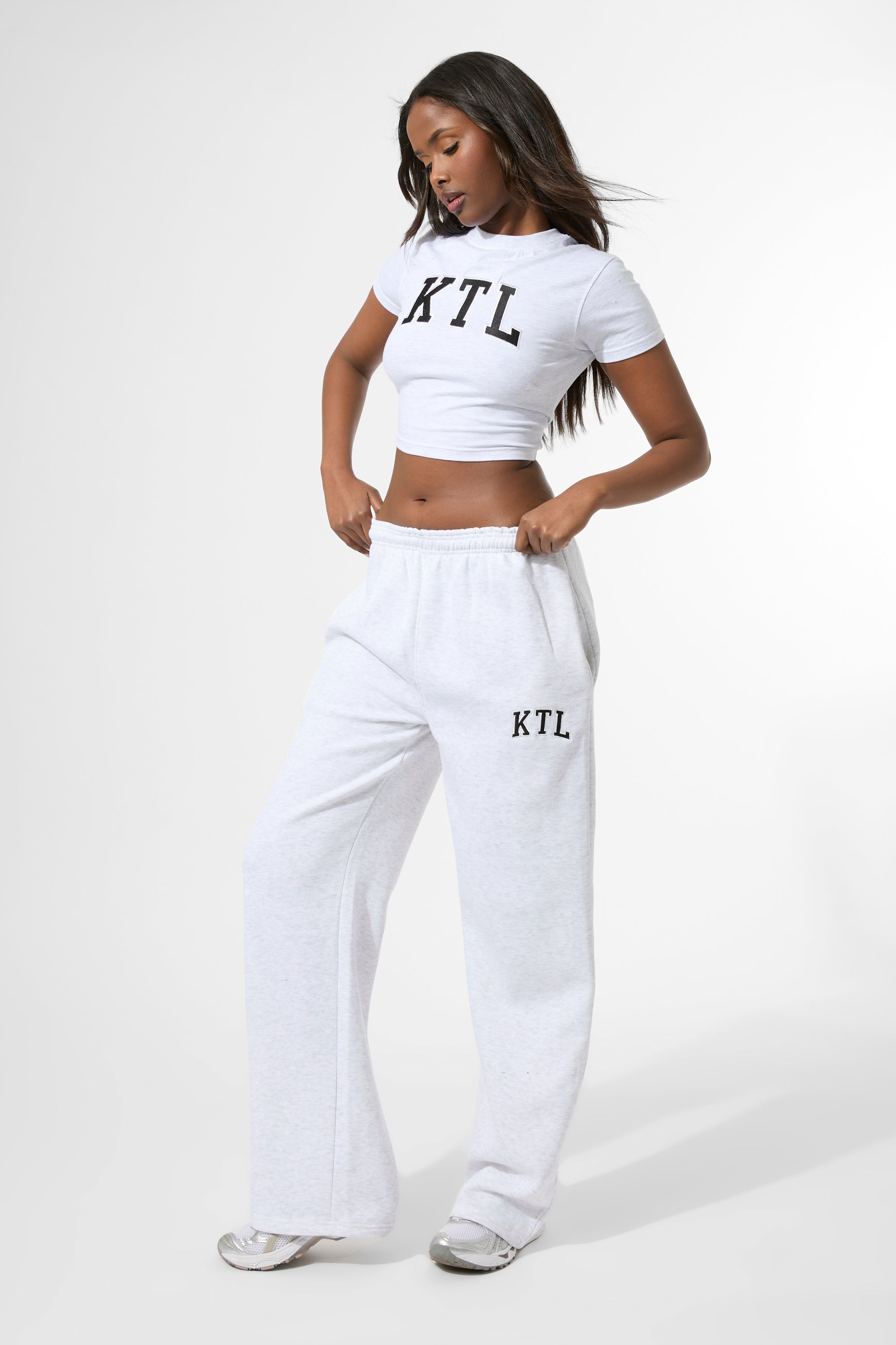 Kaiia KTL Logo Wide Leg Joggers Light Grey Marl