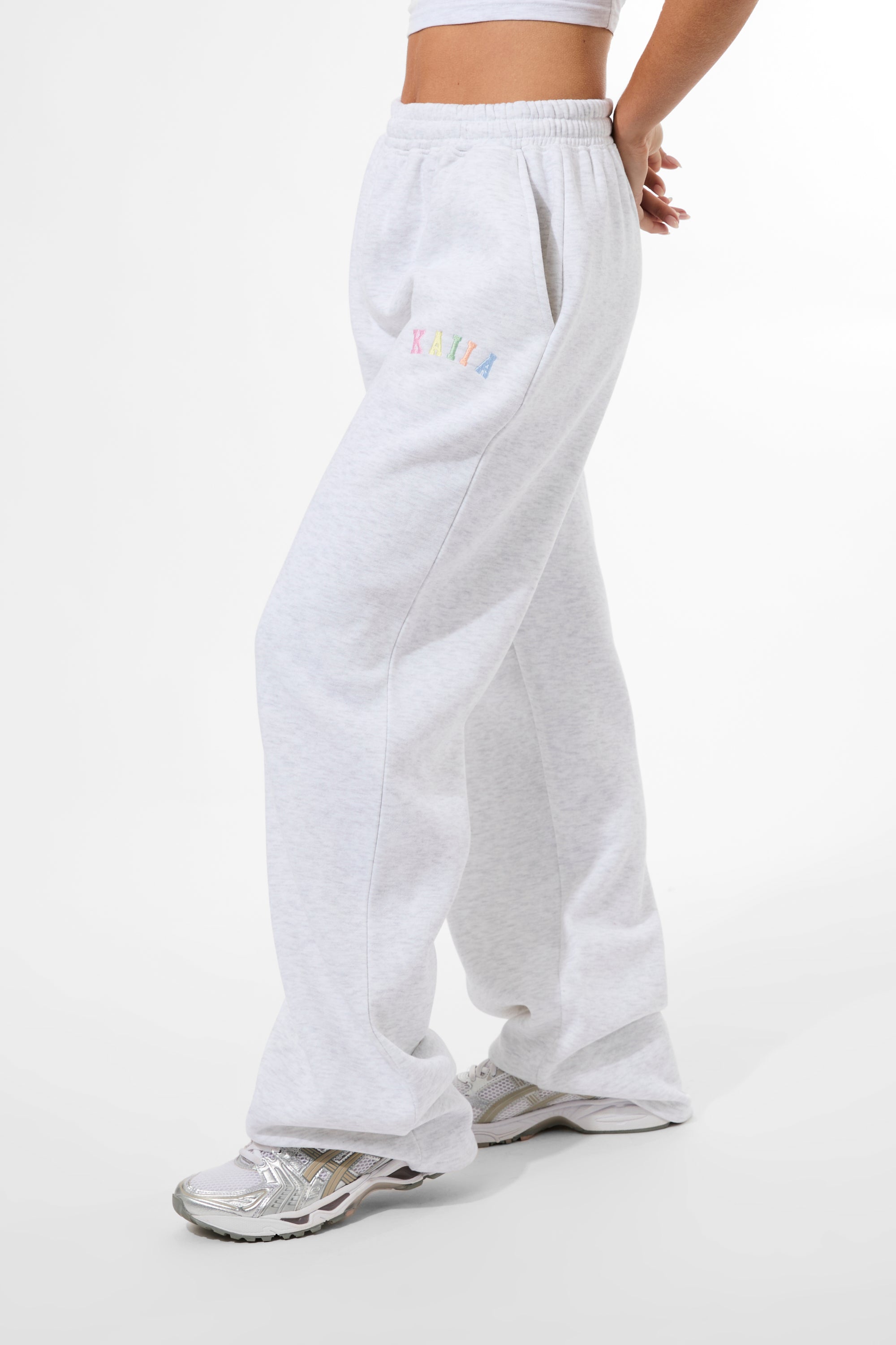 Kaiia Rainbow Logo Wide Leg Joggers Light Grey Marl