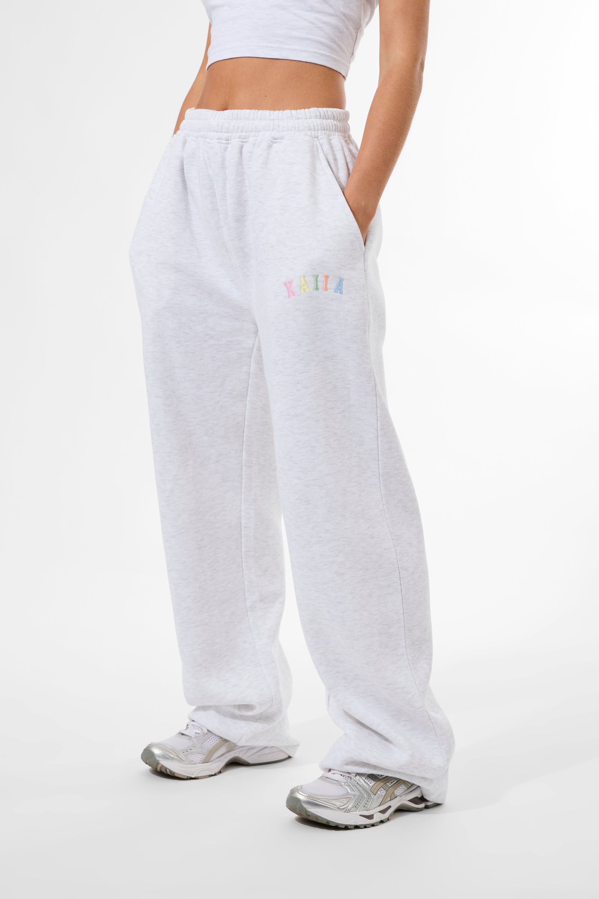 Kaiia Rainbow Logo Wide Leg Joggers Light Grey Marl