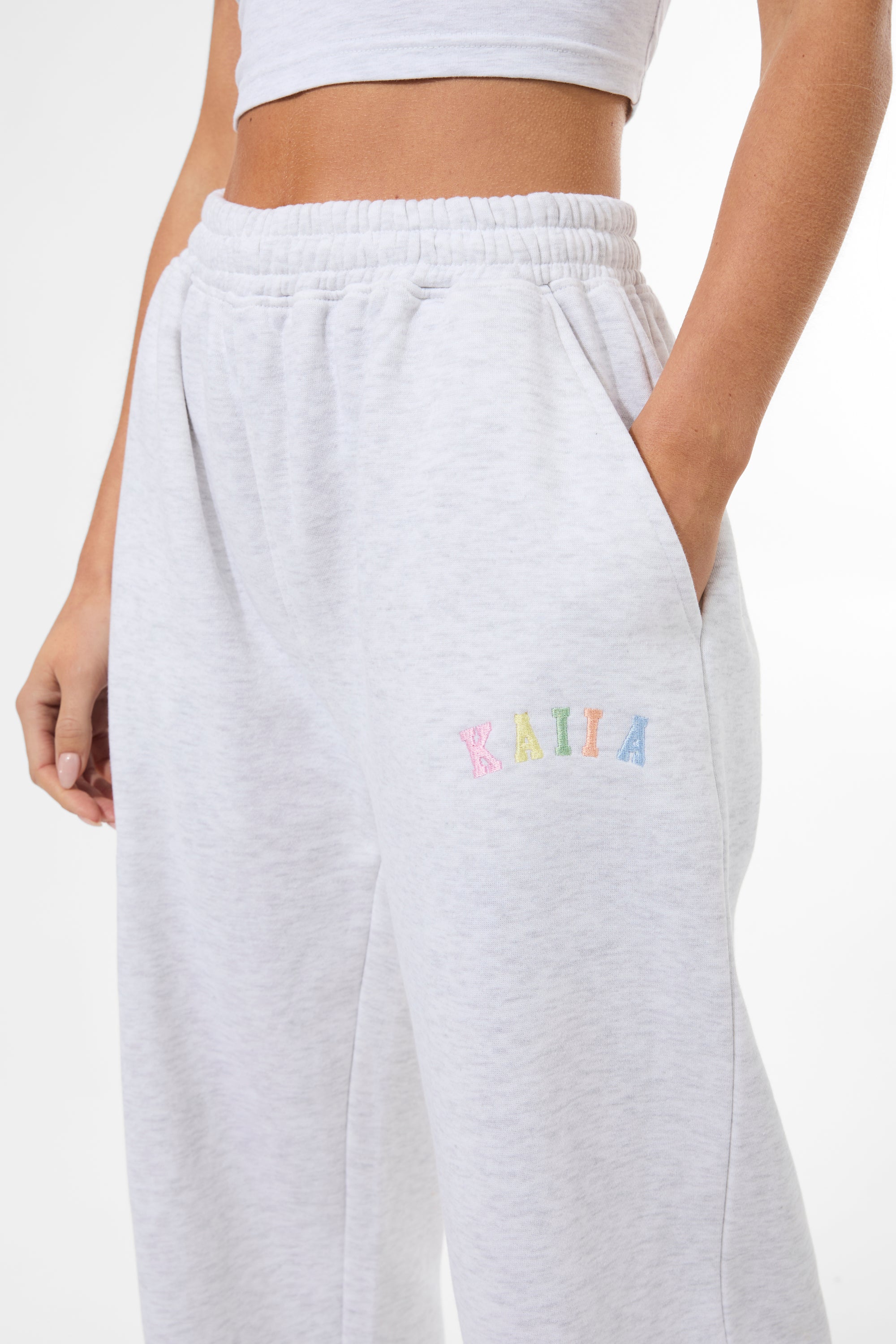 Kaiia Rainbow Logo Wide Leg Joggers Light Grey Marl