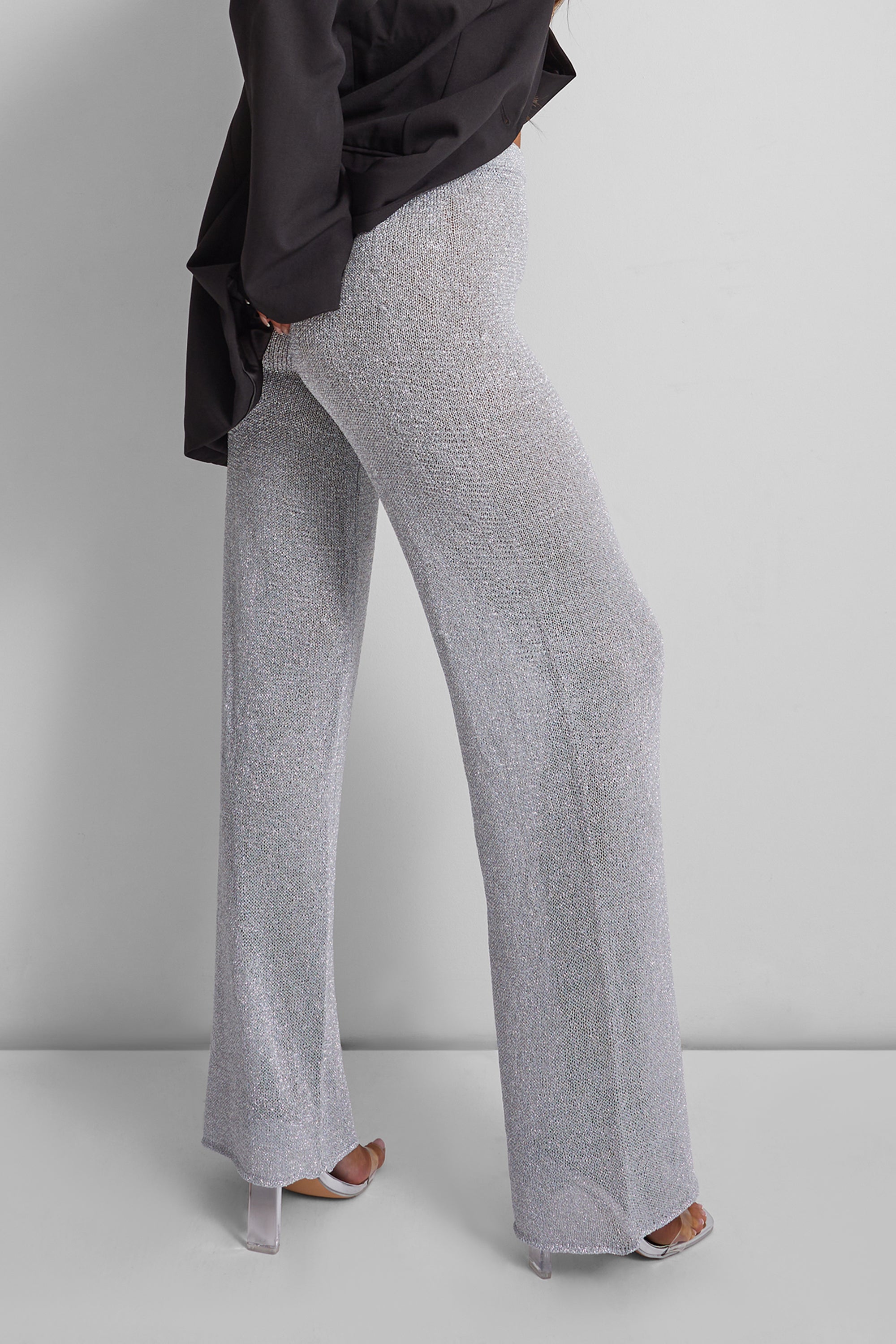 Kaiia Knitted Metallic Flared Trousers Co-ord in Silver