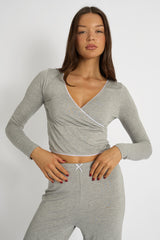 Kaiia Lace Wrap Top & Trouser Pj Set Grey Melange