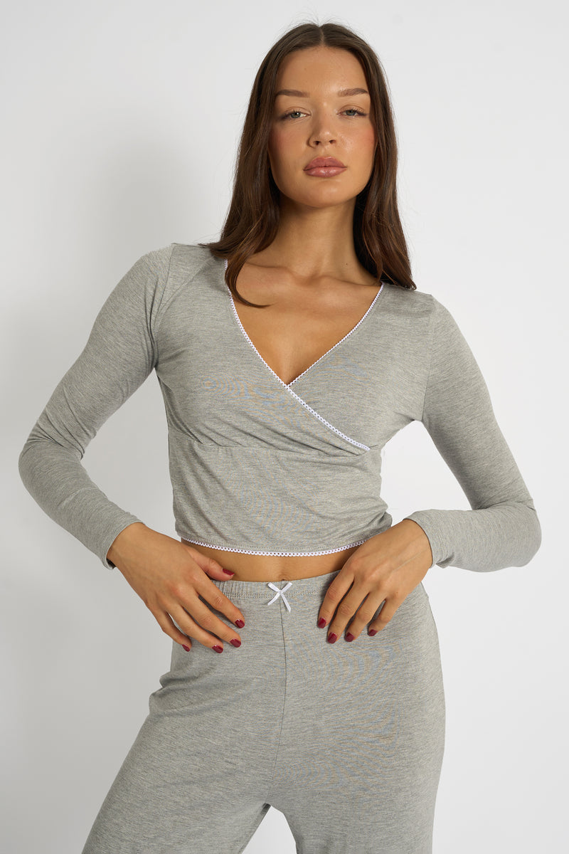 Kaiia Lace Wrap Top & Trouser Pj Set Grey Melange