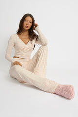 Kaiia Bow Print Lace Wrap Top & Trouser Pj Set Cream & Pink