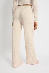 Kaiia Bow Print Lace Wrap Top & Trouser Pj Set Cream & Pink