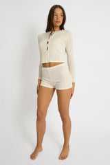 Kaiia Pointelle Button Up Long Sleeve Top & Shorts Pj Set Cream