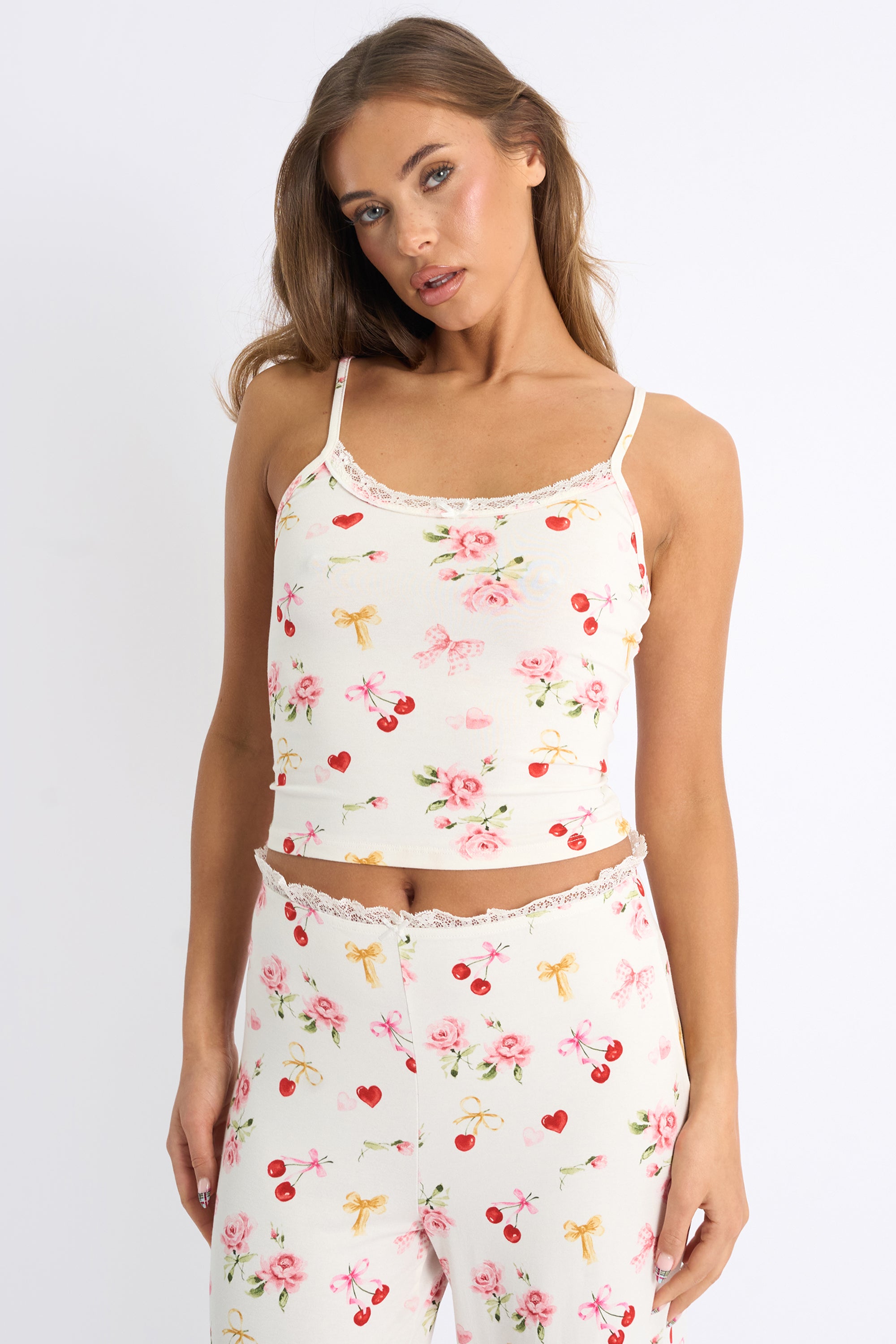 Kaiia Cherry Rose Print Cami Top & Trousers PJ Set Cream