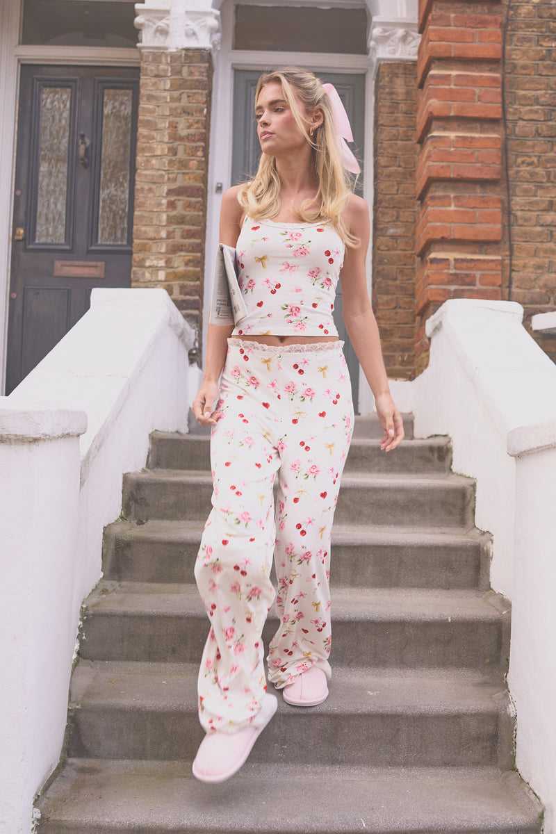 Kaiia Cherry Rose Print Cami Top & Trousers PJ Set Cream