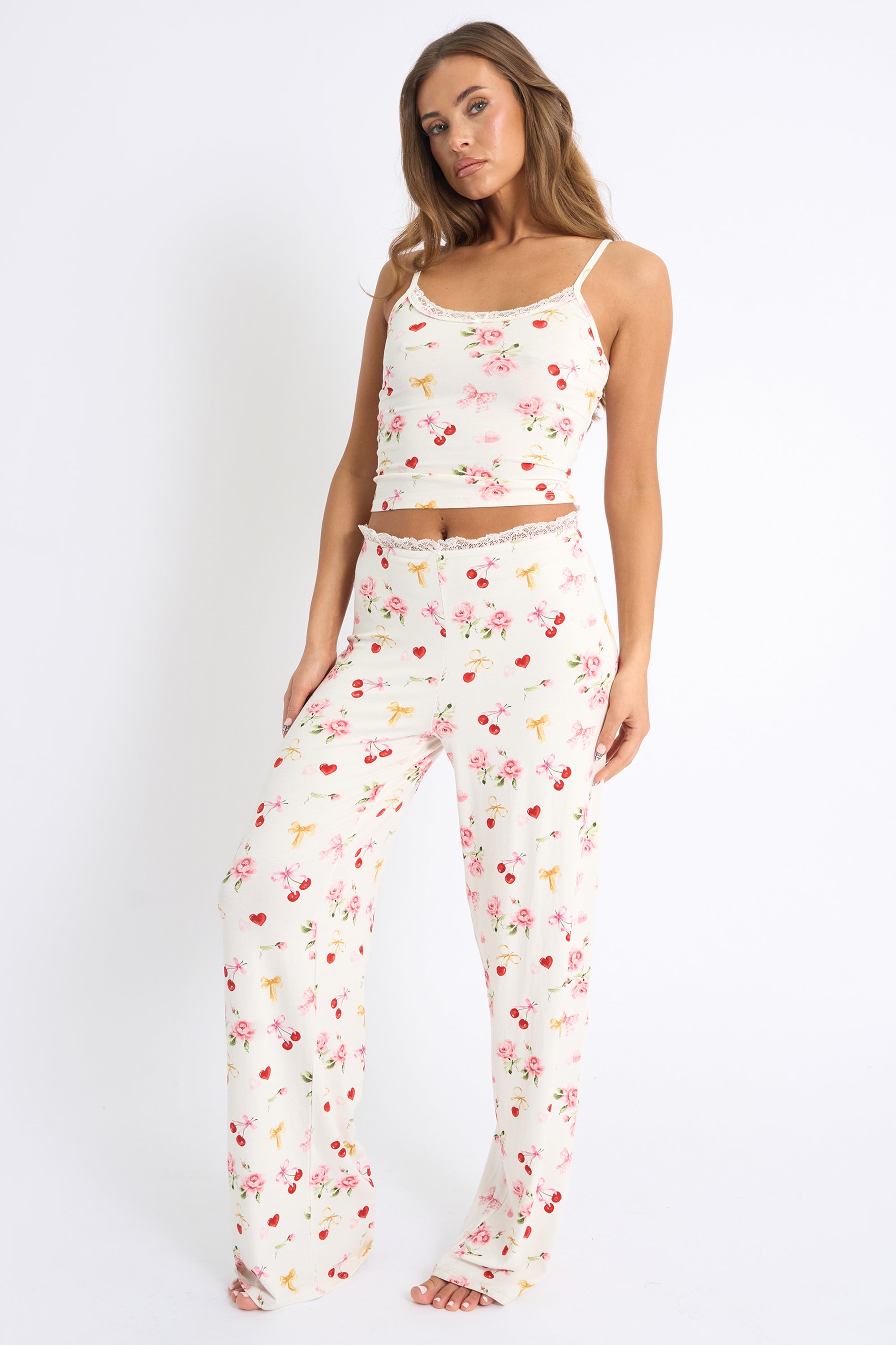 Kaiia Cherry Rose Print Cami Top & Trousers PJ Set Cream