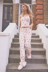 Kaiia Cherry Rose Print Cami Top & Trousers PJ Set Cream