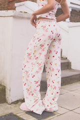 Kaiia Cherry Rose Print Cami Top & Trousers PJ Set Cream