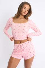 Kaiia Bow Print Scoop Long Sleeve Top & Shorts PJ Set Pink