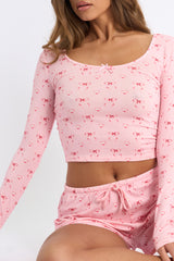 Kaiia Bow Print Scoop Long Sleeve Top & Shorts PJ Set Pink