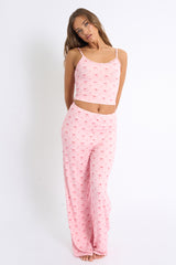 Kaiia Bow Print Cami Top & Trousers PJ Set Pink