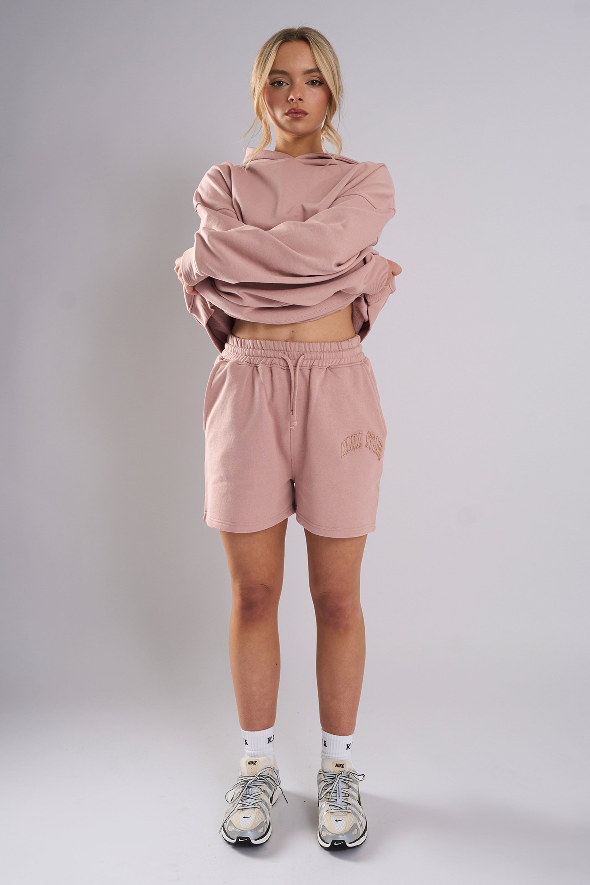 Kaiia Studio Distressed Applique Sweat Short Blush