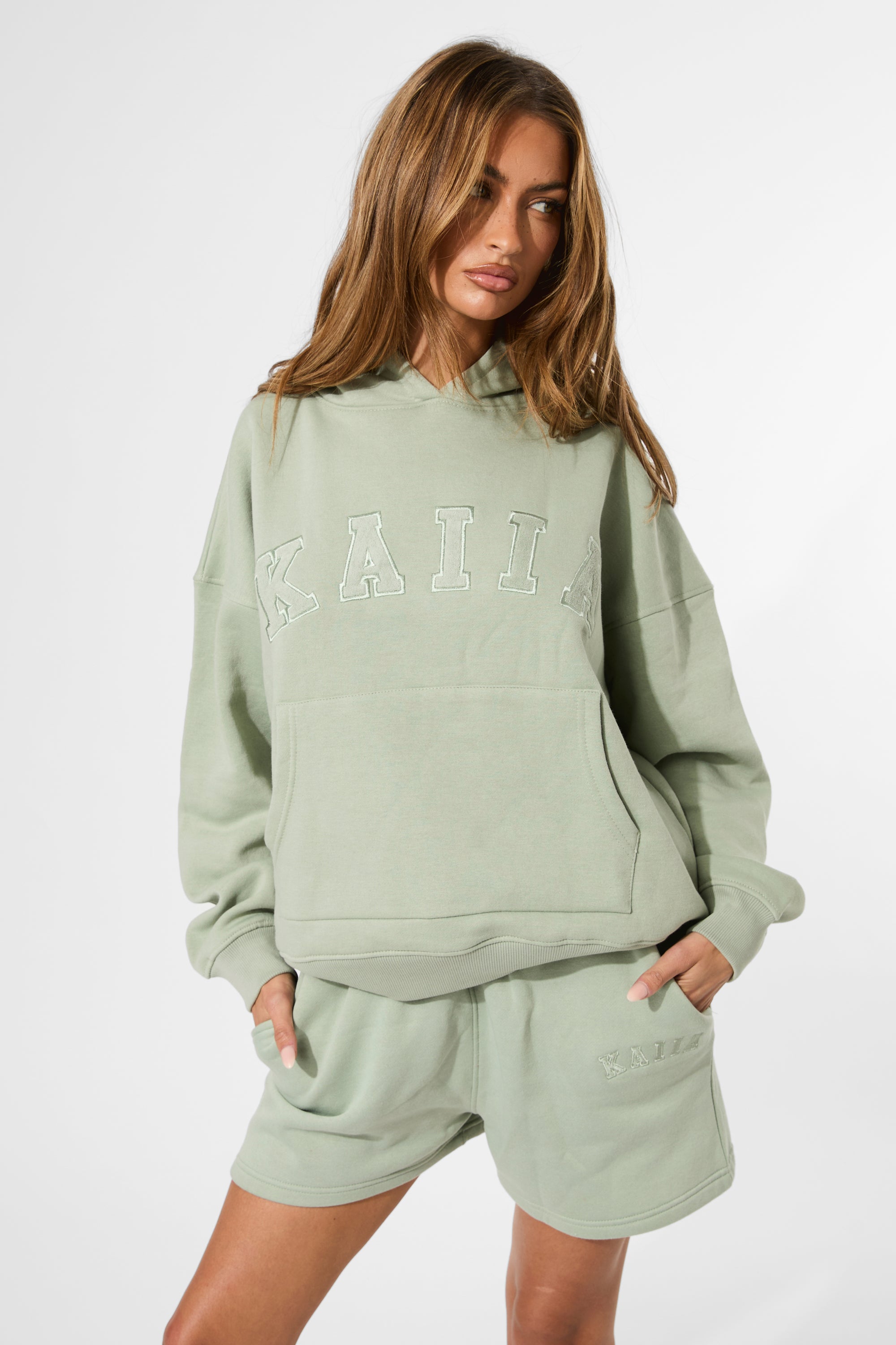 Kaiia Logo Sweat Shorts in Sage Green