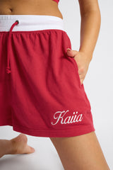 Kaiia Script Logo Ribbed Waistband Shorts Red