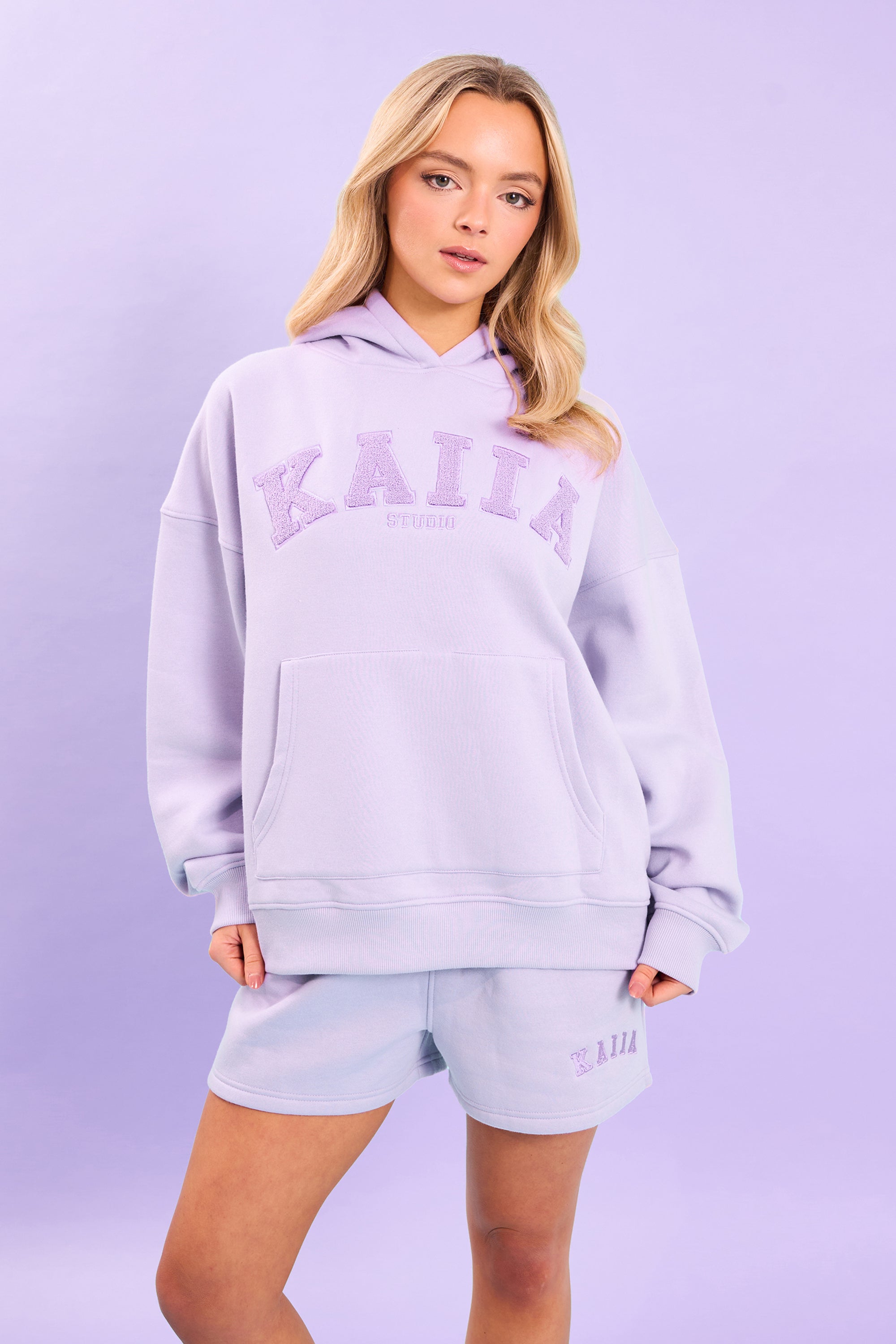 Kaiia Studio Borg Slogan Oversized Hoodie Lilac