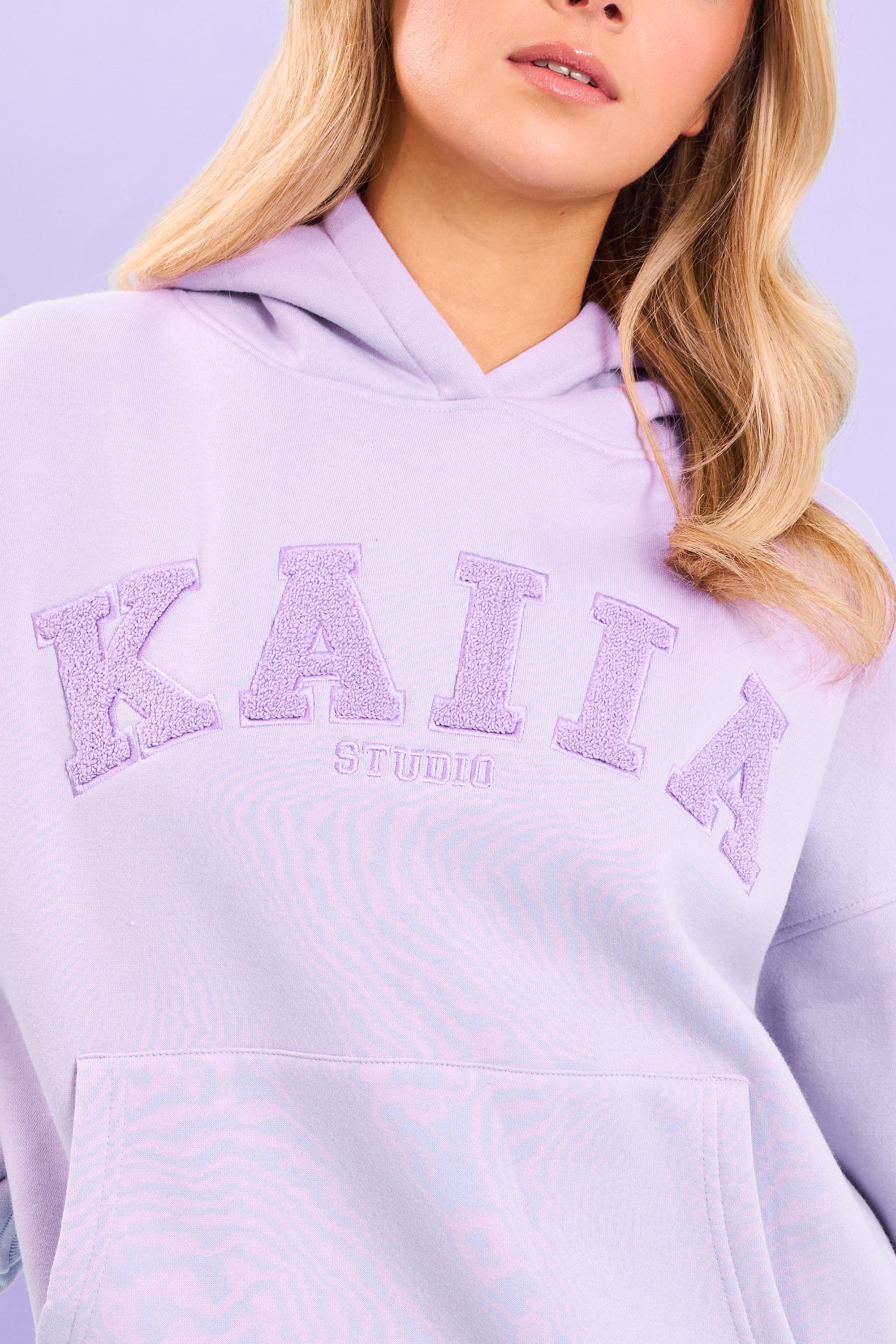 Kaiia Studio Borg Slogan Oversized Hoodie Lilac