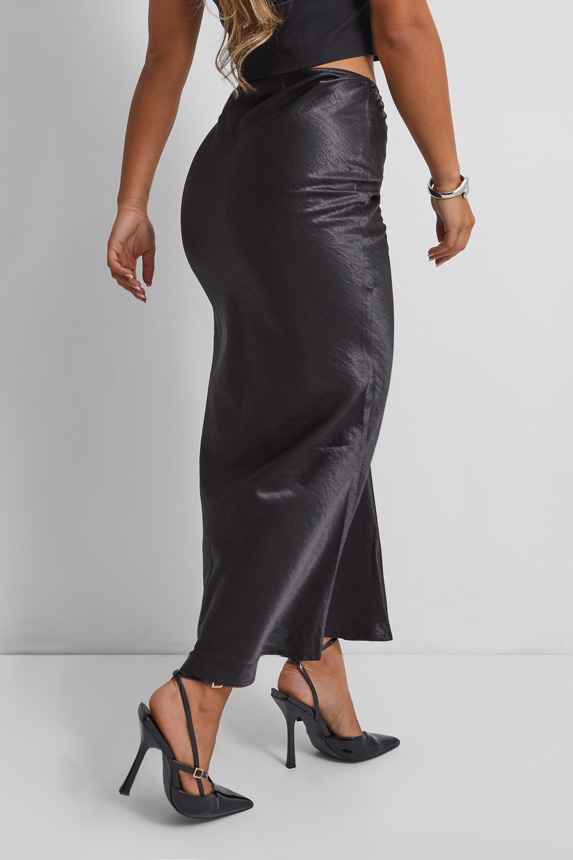 Kaiia Satin Maxi Skirt in Black