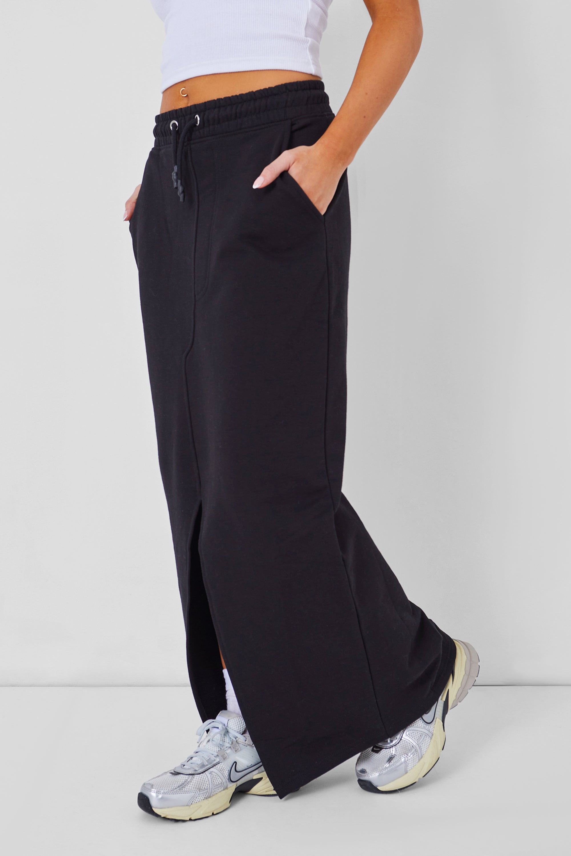 Kaiia Split Front Sweat Maxi Skirt in Black