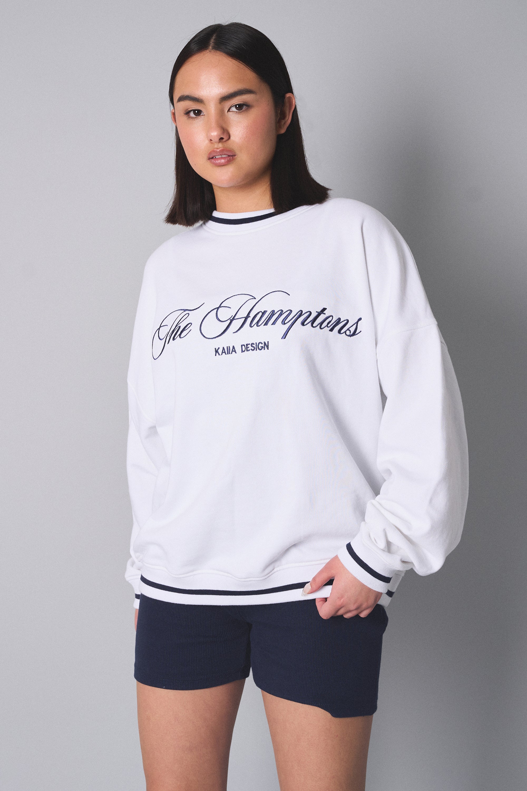 Kaiia Contrast Binding Hamptons Oversized Sweatshirt White