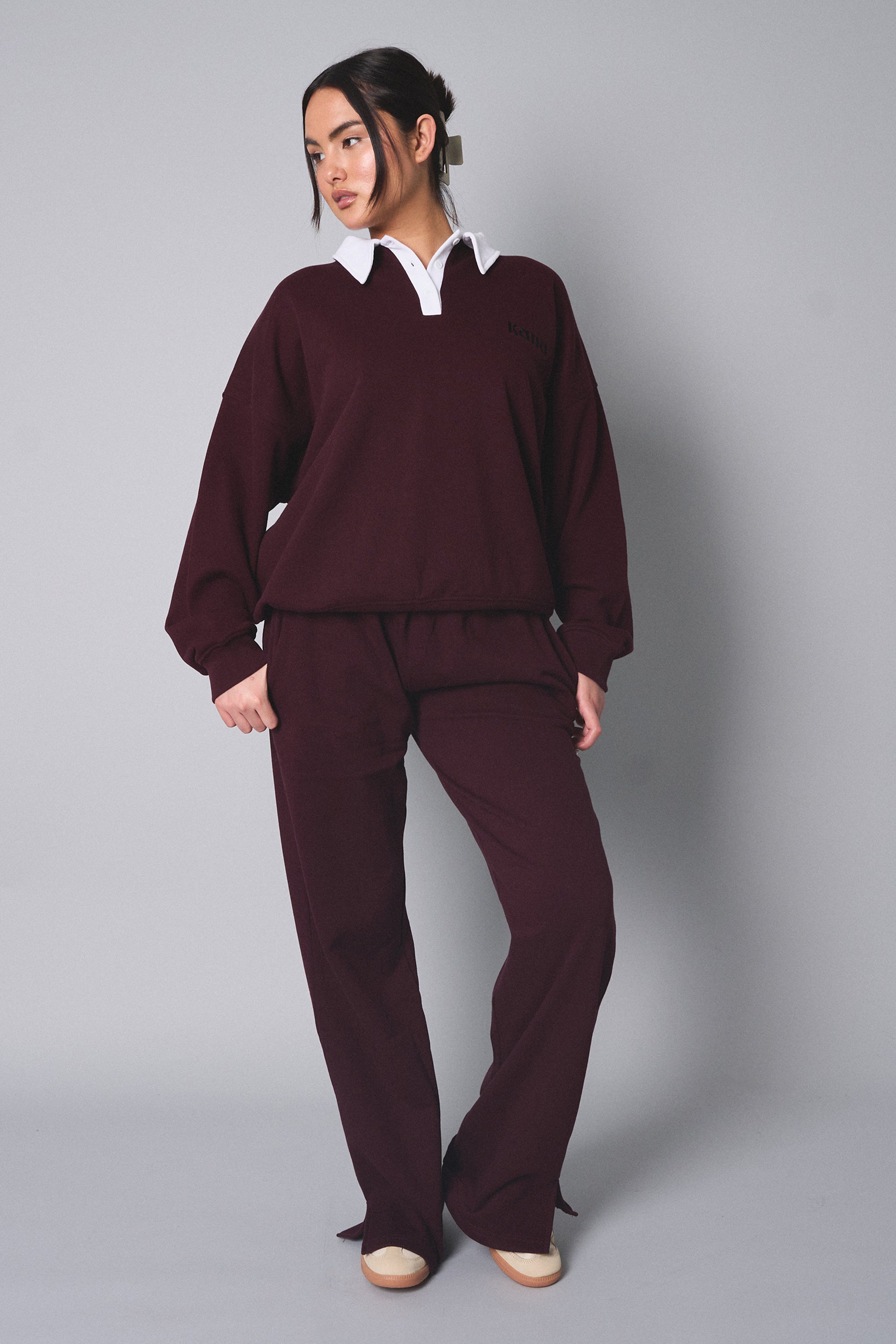 Kaiia Contrast Collar Oversized Rugby Sweatshirt Burgundy