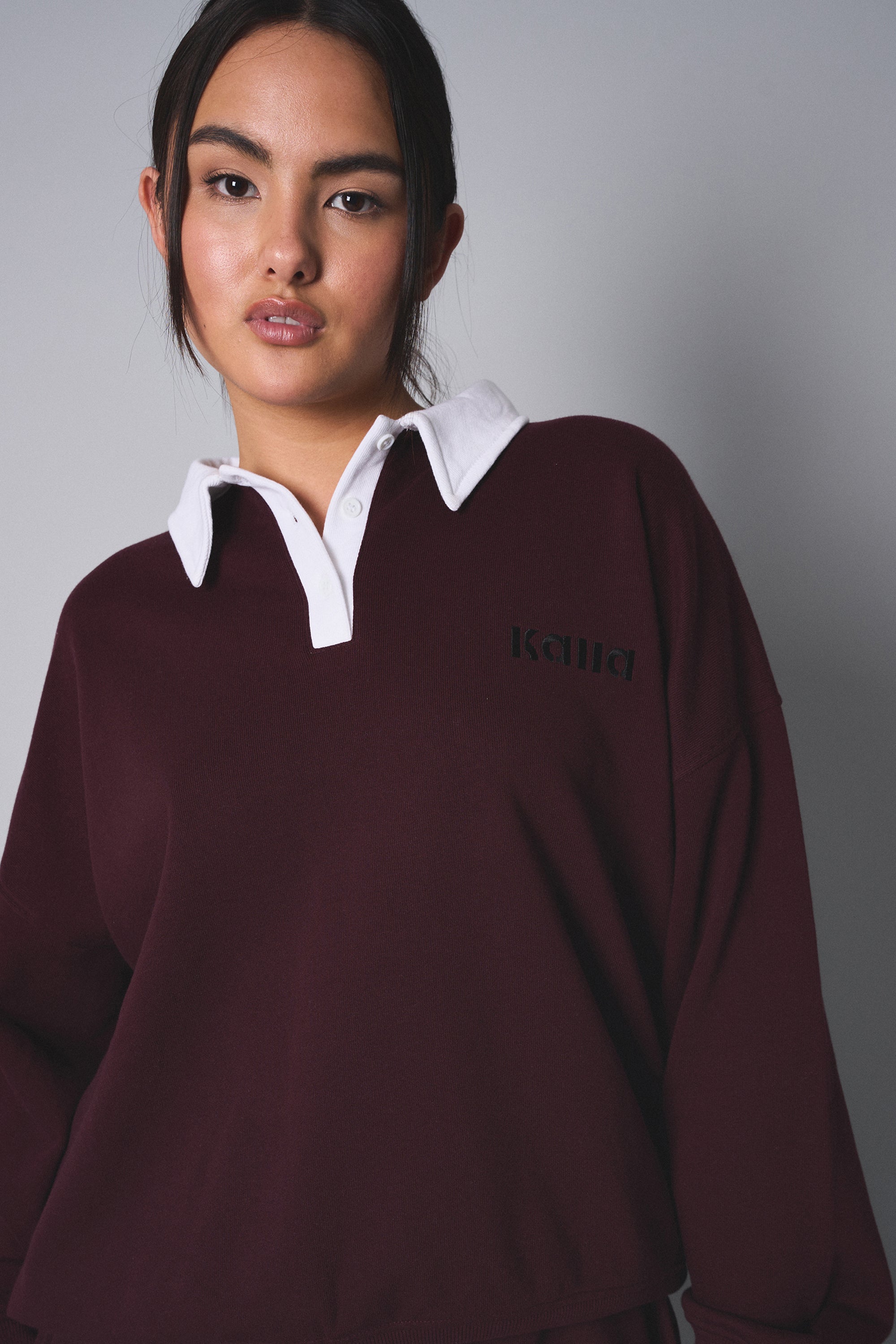 Kaiia Contrast Collar Oversized Rugby Sweatshirt Burgundy